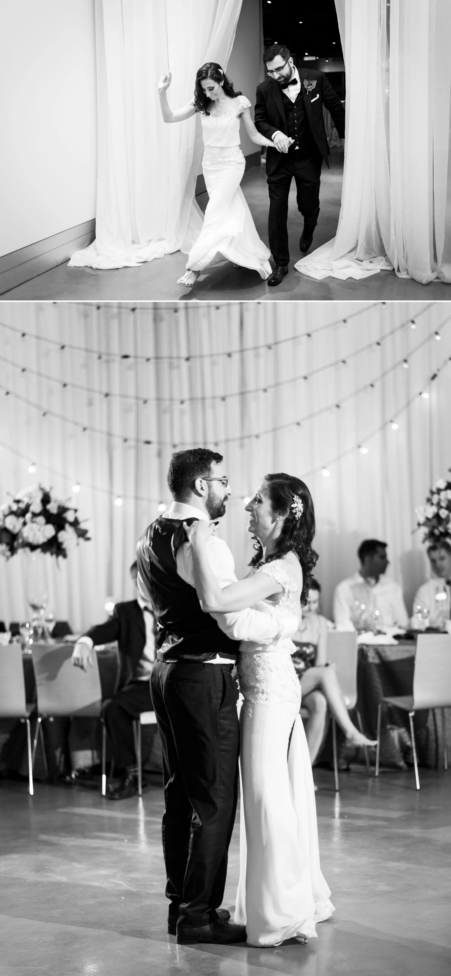 The couples entrance and first dance at their wedding reception at the Museum of Nature