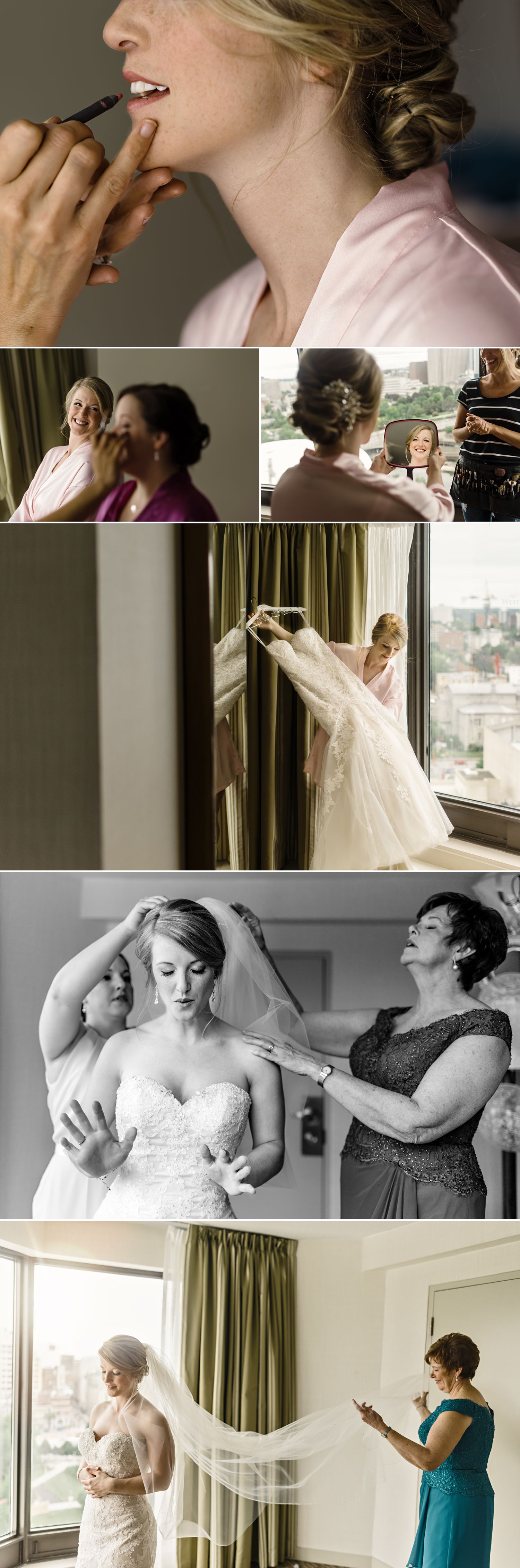 The bride with her bridesmaids and mother getting ready