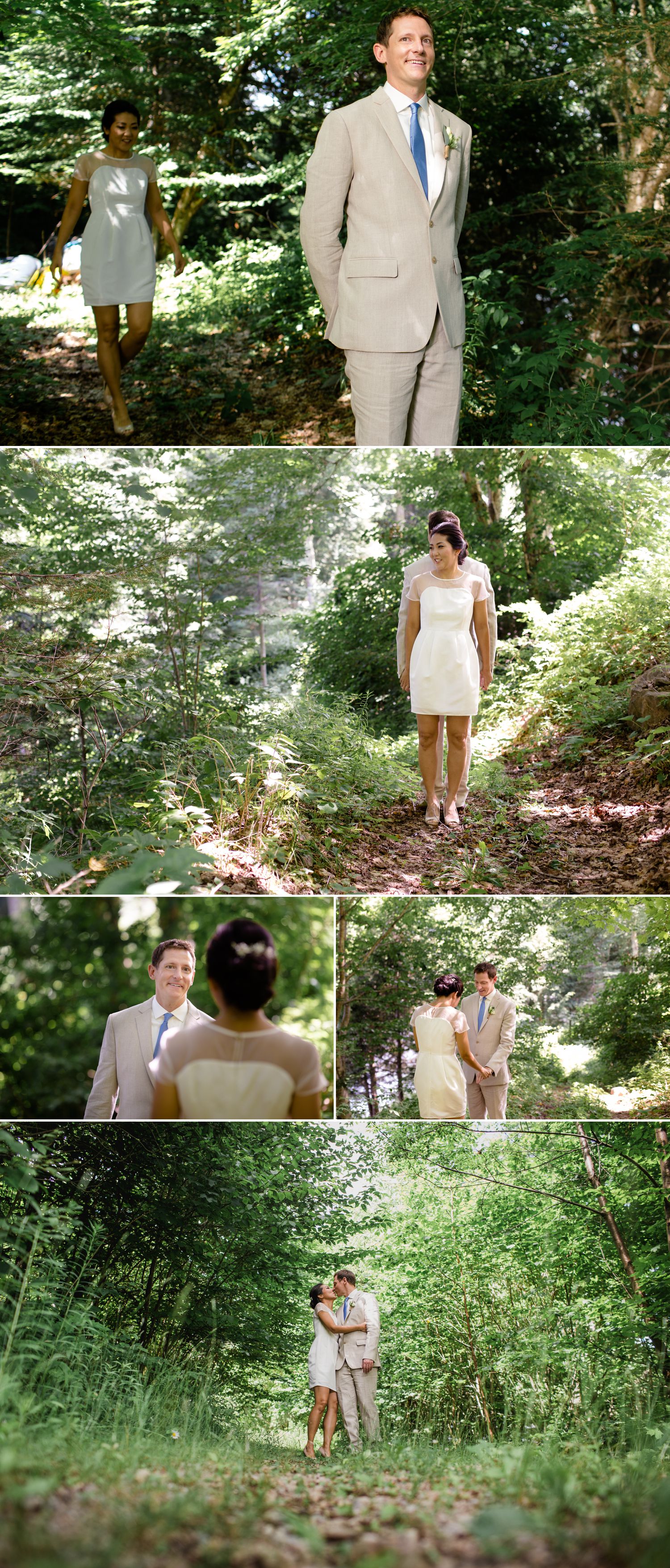 The bride and groom during their first look at their cottage wedding