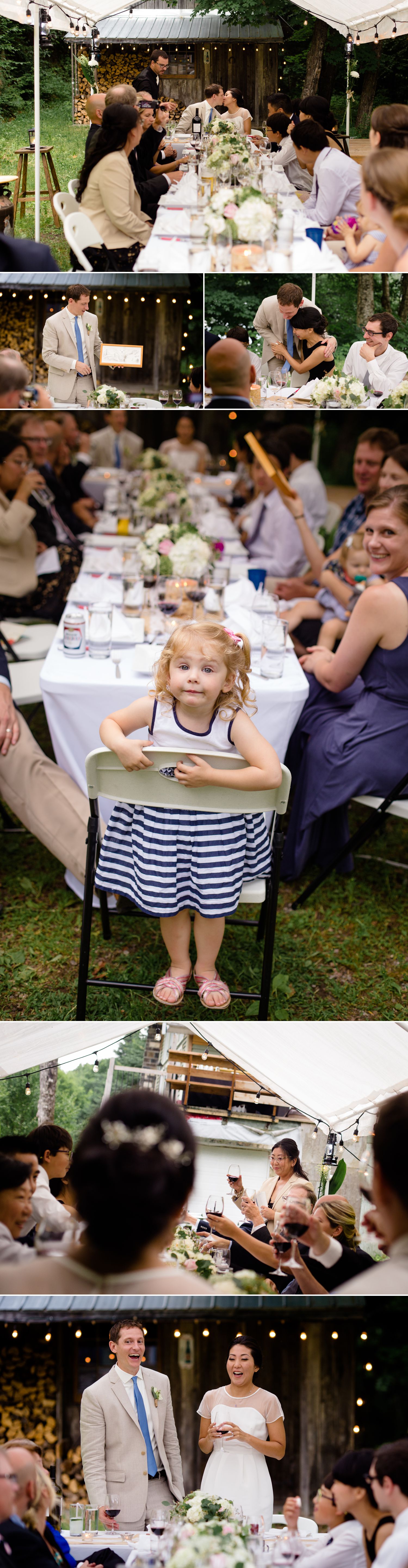 An intimate wedding reception dinner at a cottage wedding