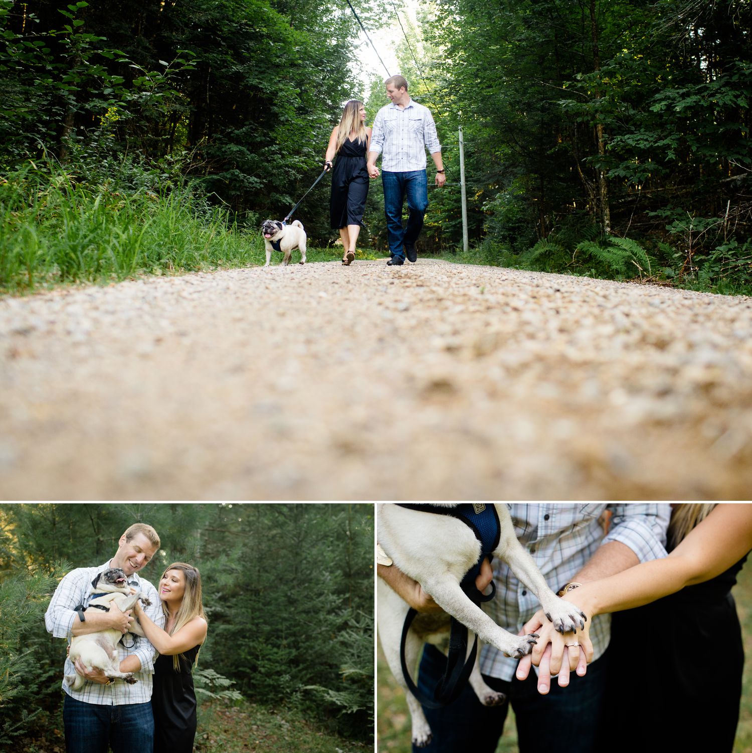 Ashley and Steve walking their pug during their engagement shoot