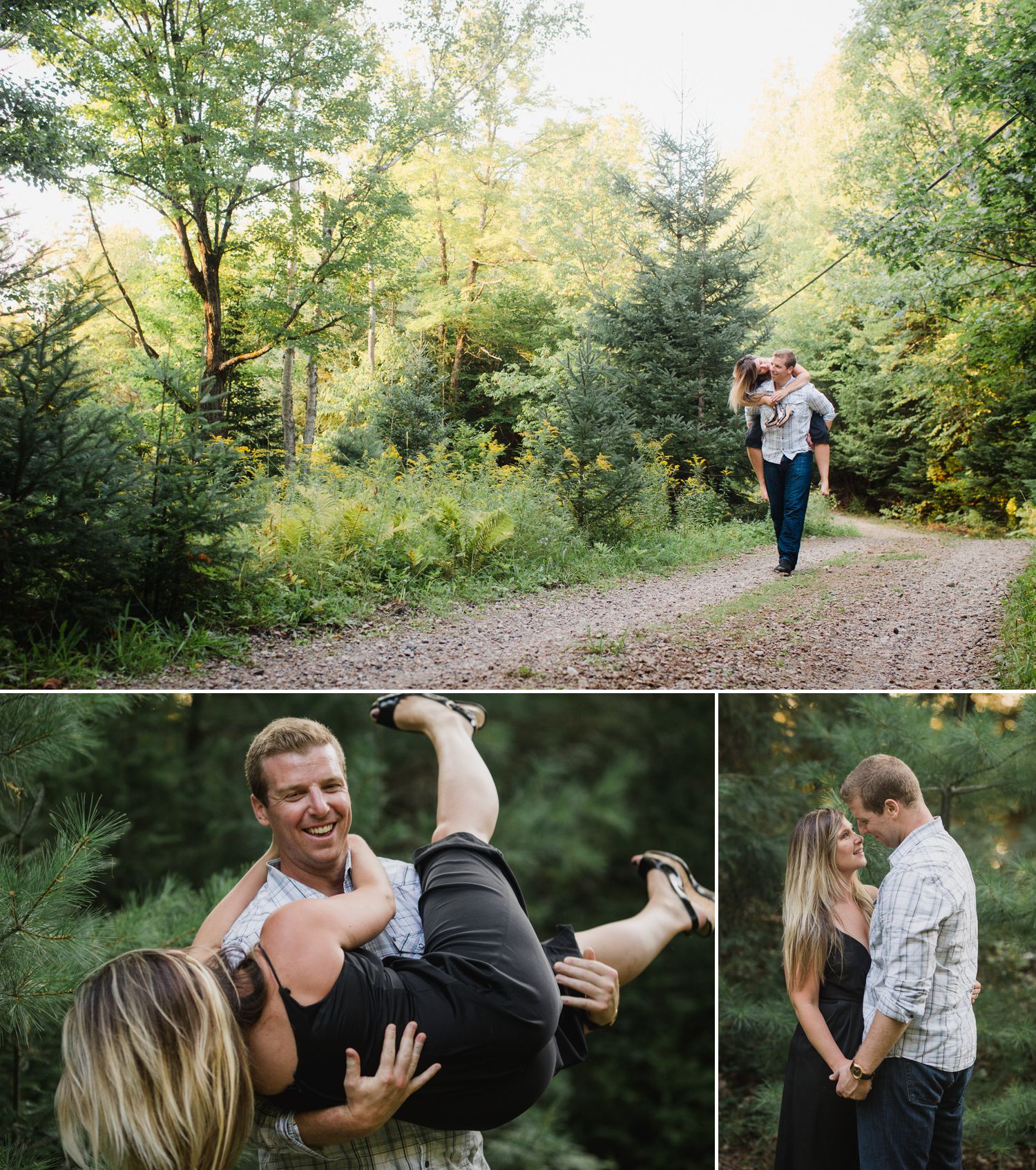 Steve carrying Ashley down the trail to their cottage during their engagement shoot