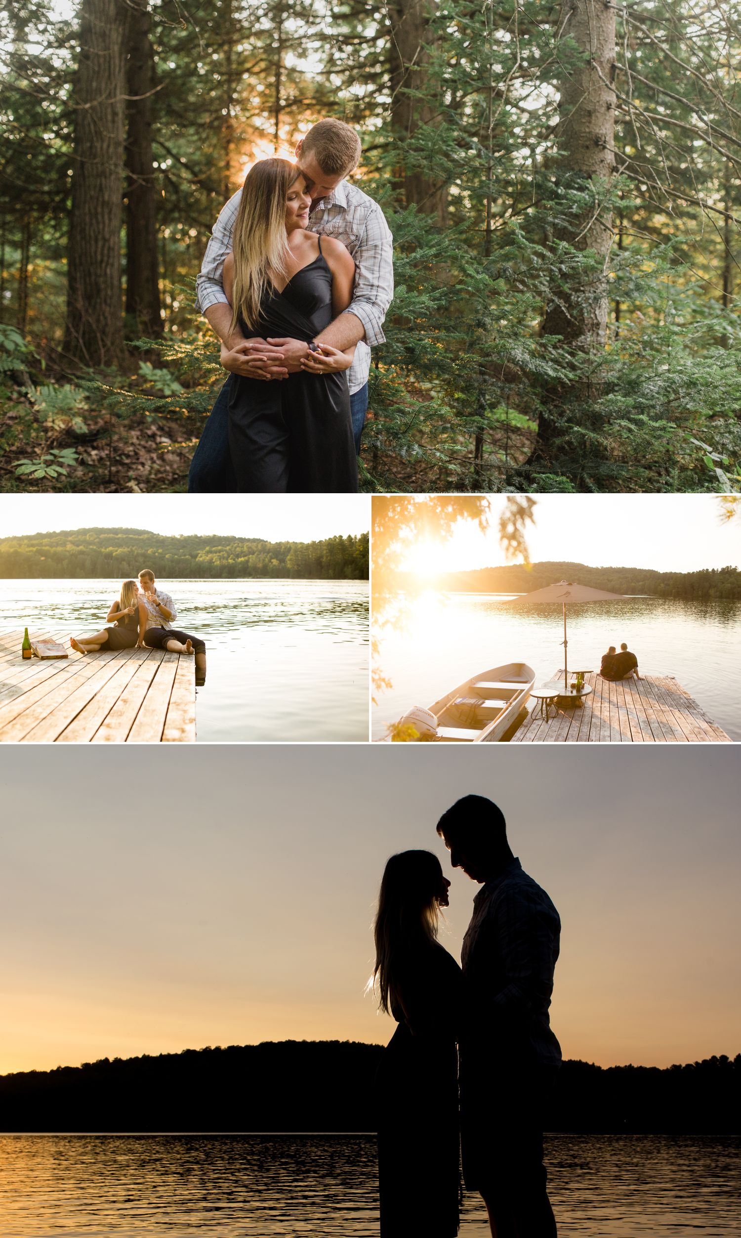 Ashley and Steve having some pizza and champagne on the dock at the cottage during their engagement shoot