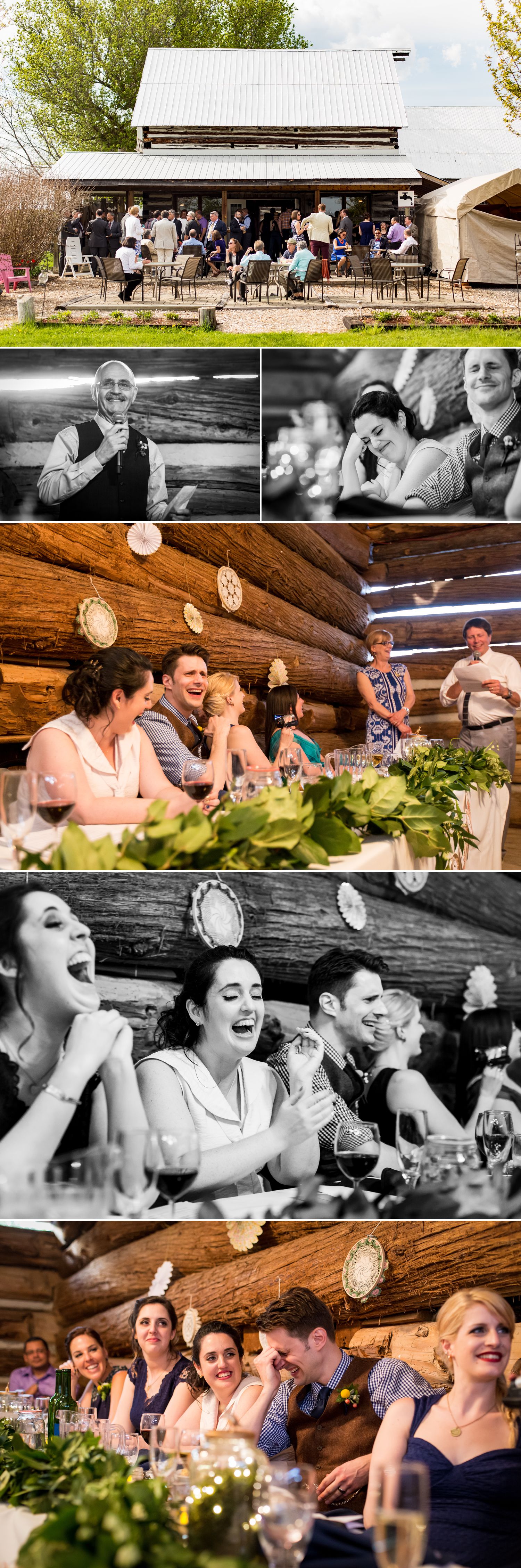 The bride and groom enjoying speeches during their wedding reception at The Herb Garden in Almonte