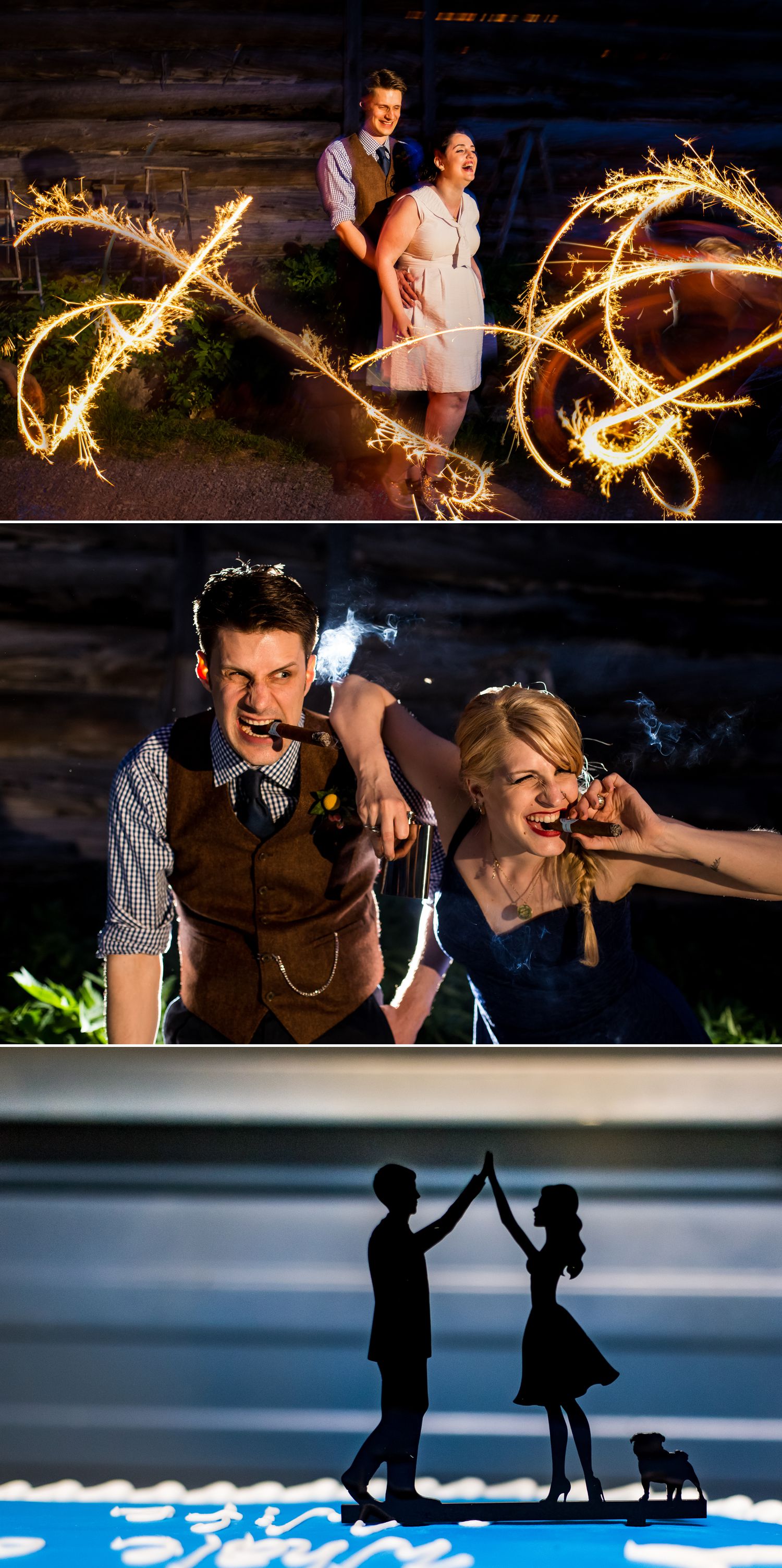 Portraits of the bride and groom in the evening outside their wedding reception at The Herb Garden