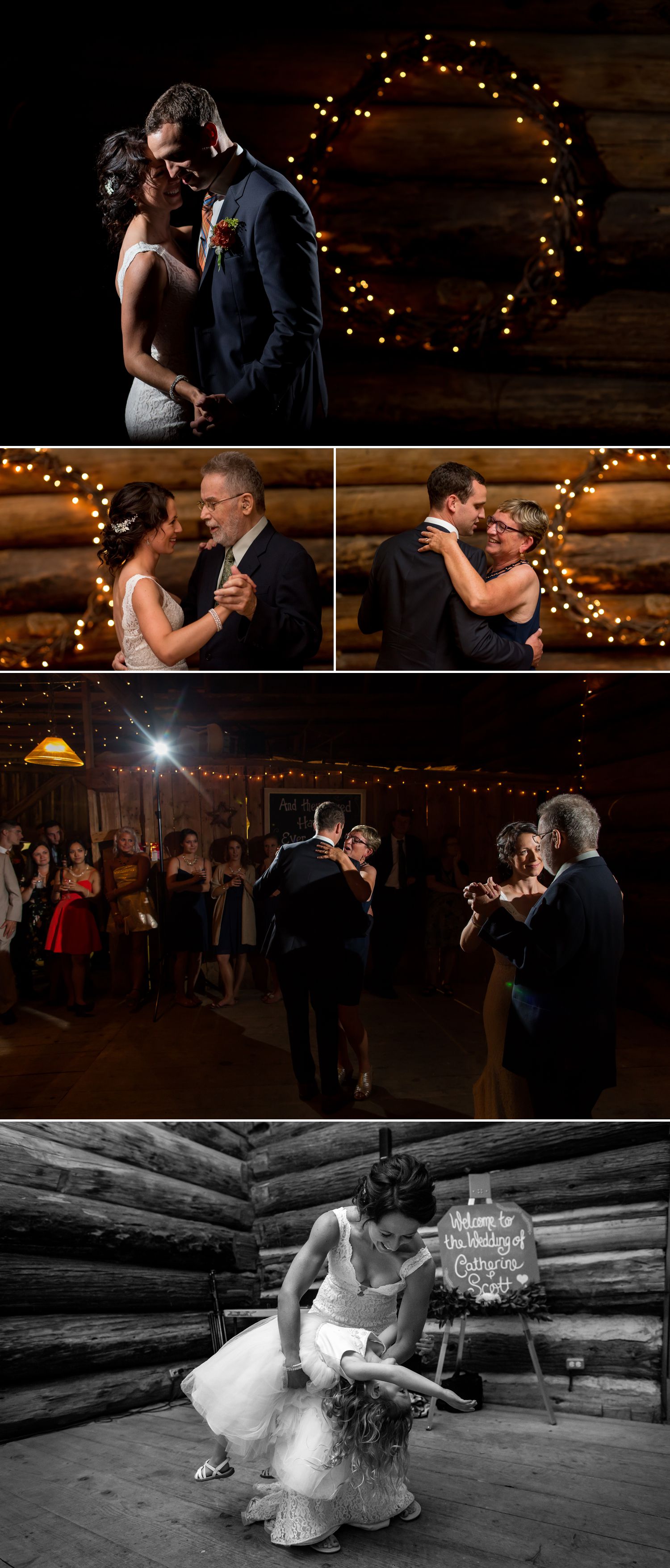 The couple and their parents during their first dances at their wedding reception at The Herb Garden