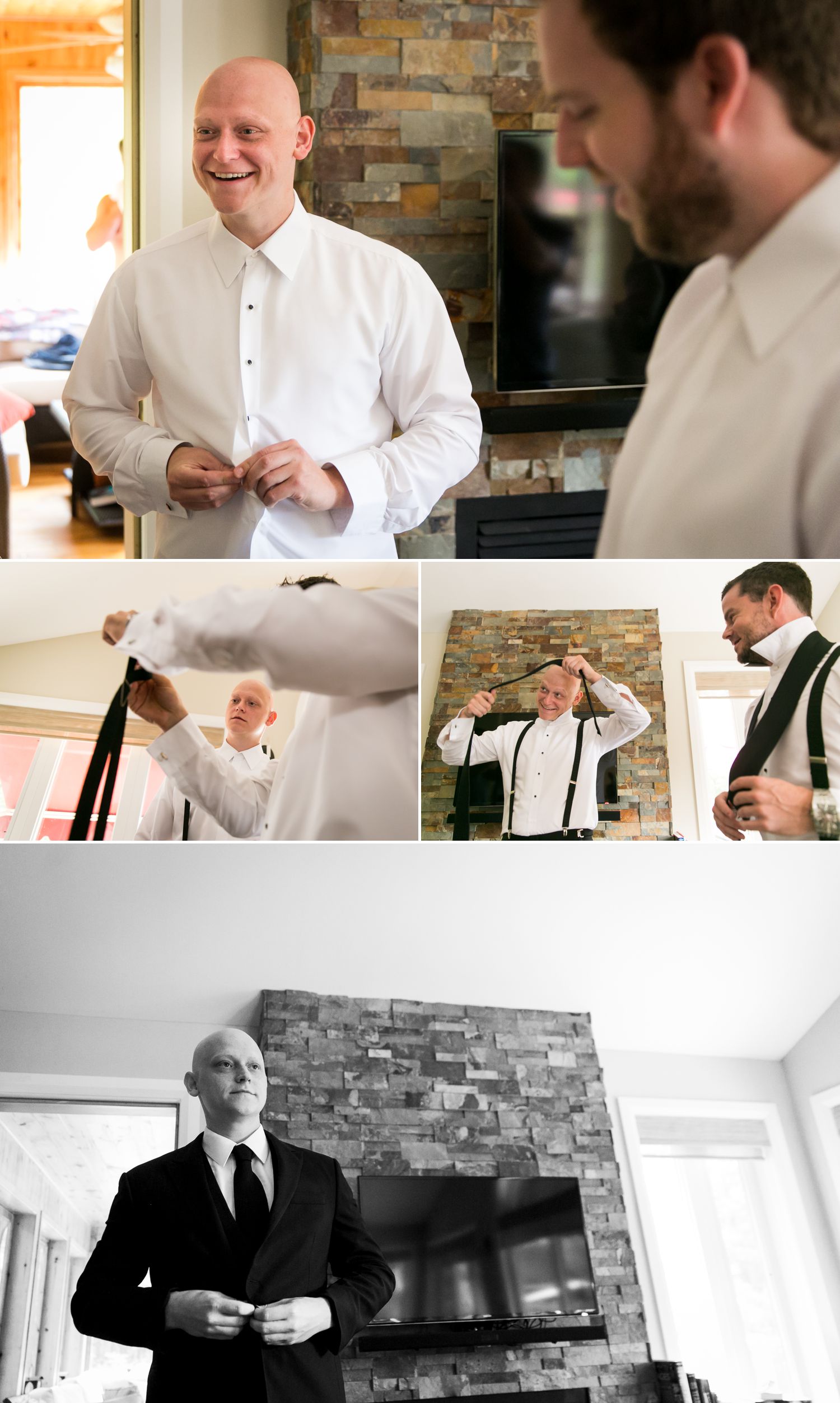 A photograph of the groom and groomsmen getting ready for the wedding