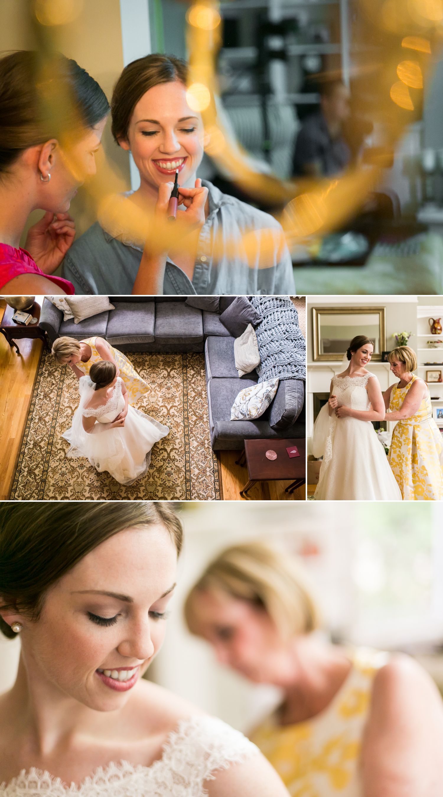 Photographs of the bride and bridesmaids getting ready for the wedding.