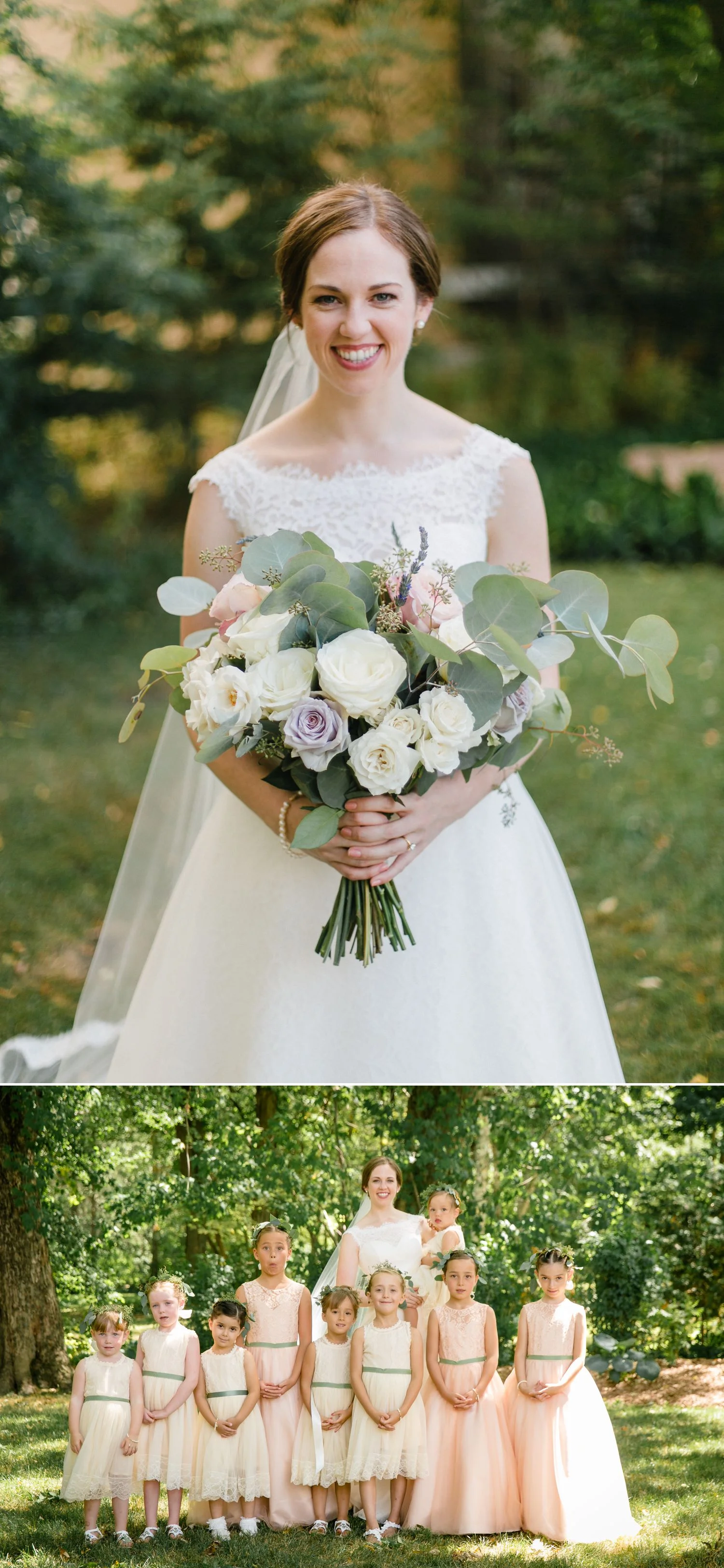 A portrait of the bride and her nine flower girls at Stonefields