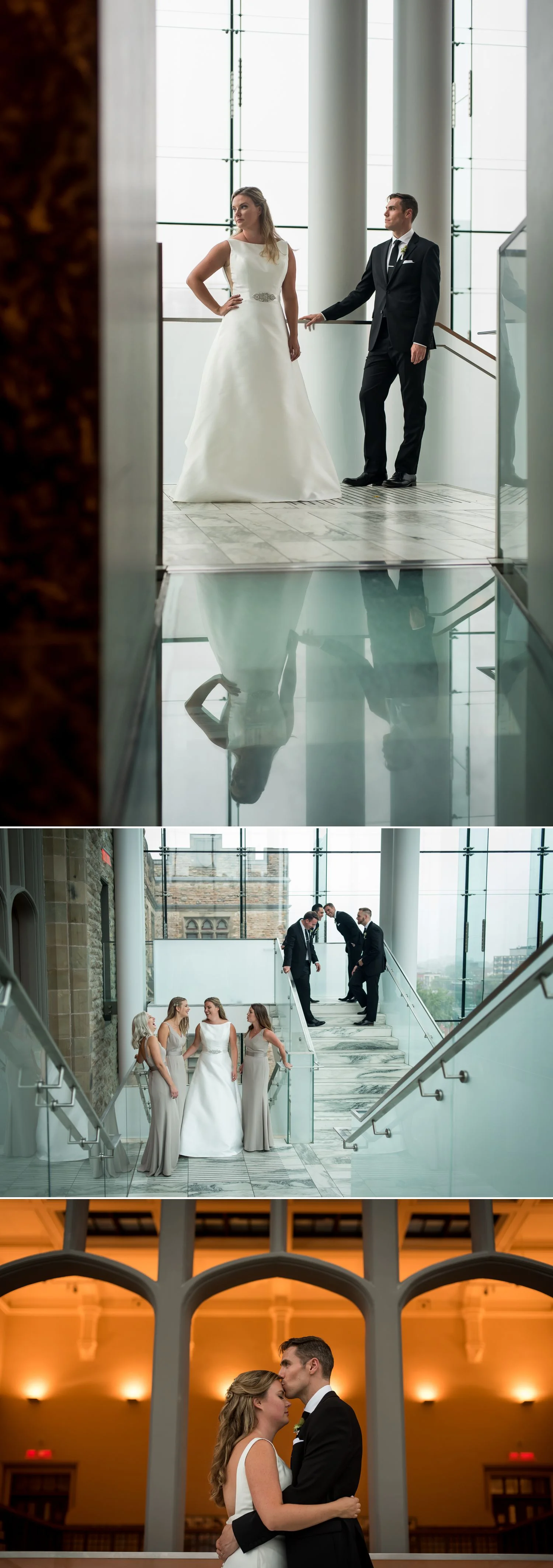 Portraits of the bride and groom and their wedding party at the Museum of Nature