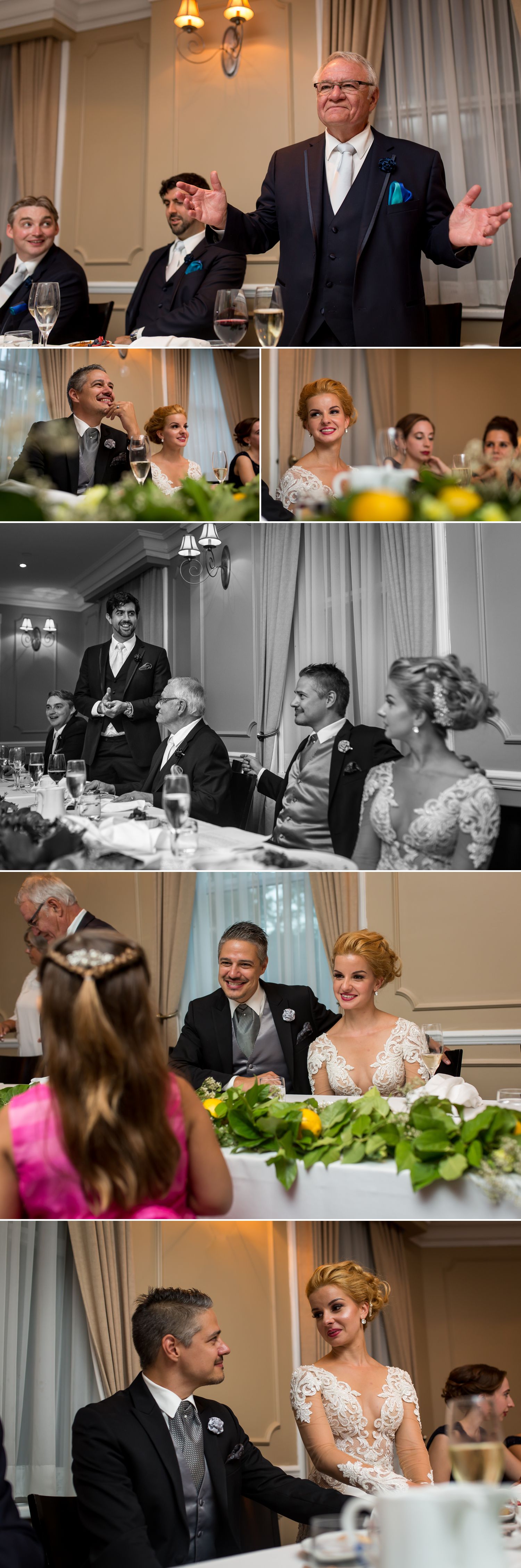 The bride and groom during speeches during their wedding reception at Le Cordon Bleu