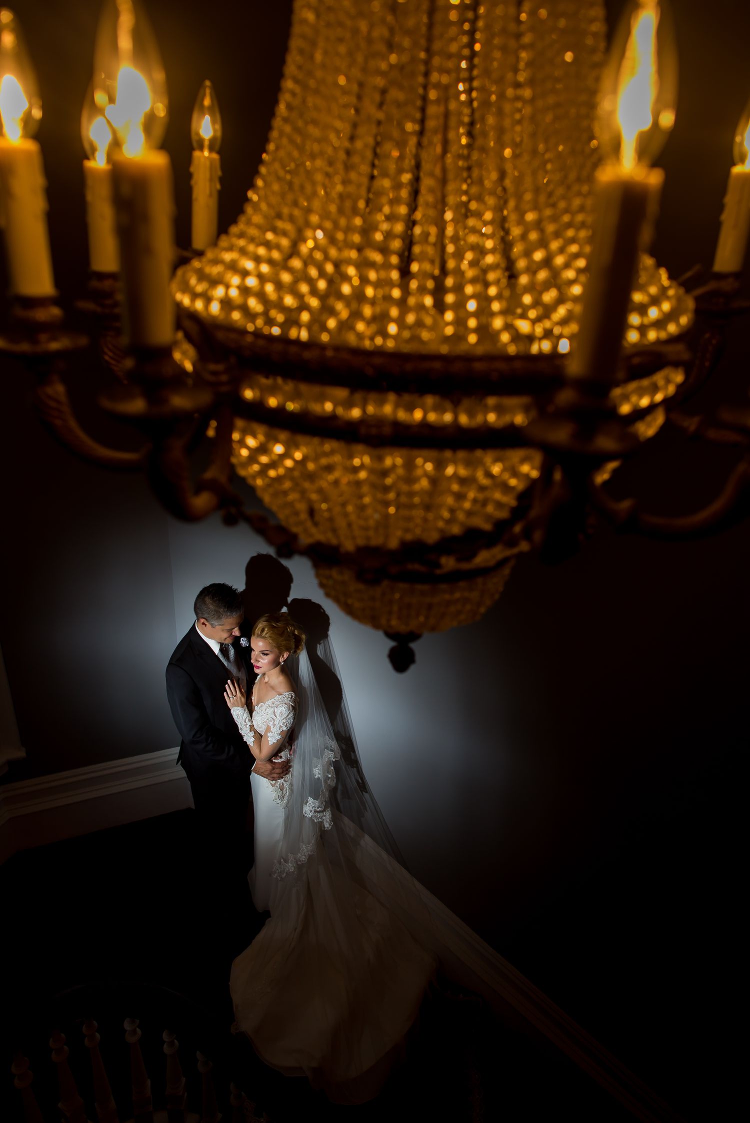 A night time portrait of the bride and groom after their wedding reception at Le Cordon Bleu