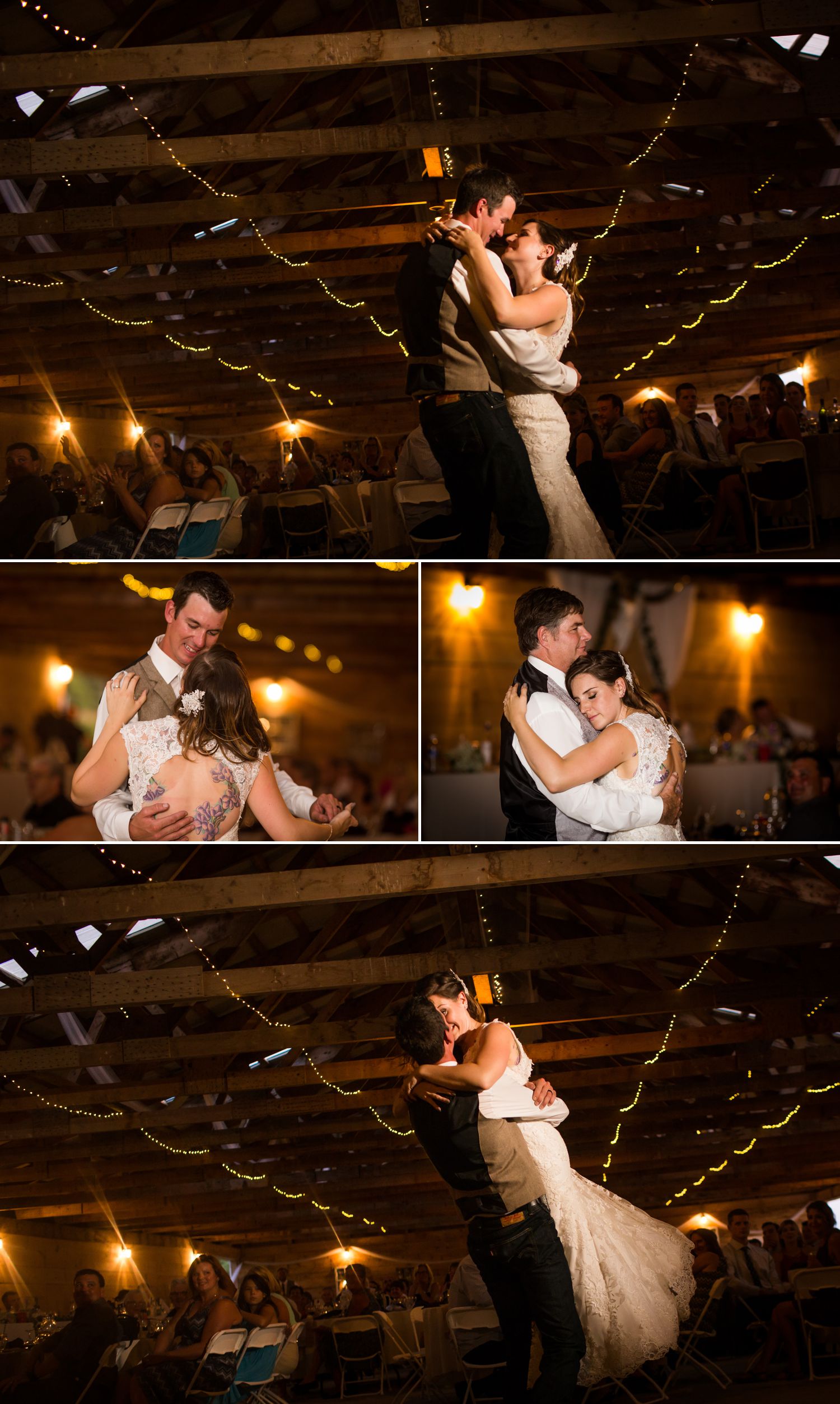 The bride and groom during their first dance inside their rustic barn