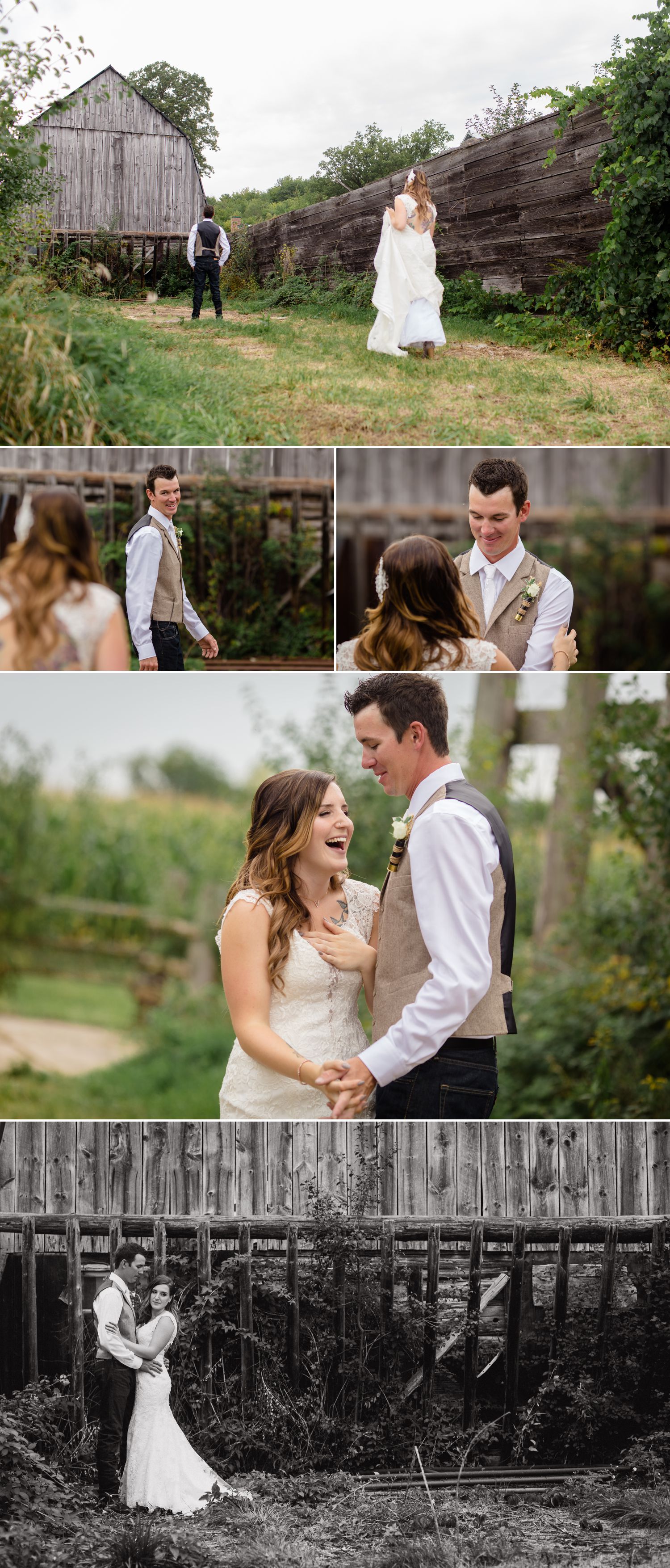 The bride and groom during their 'First Look' before their rustic barn wedding