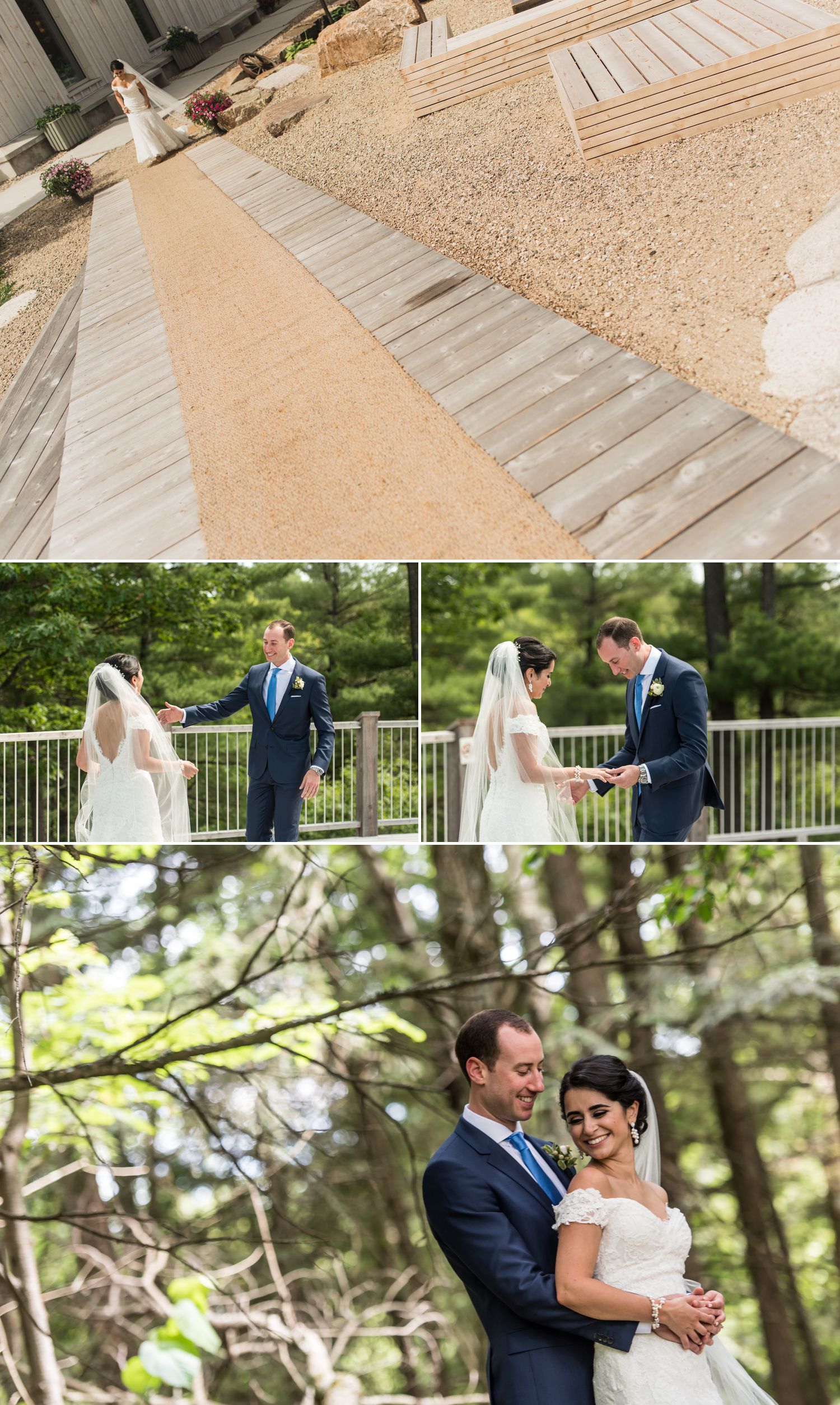 The bride and groom during their first look at Le Belvedere