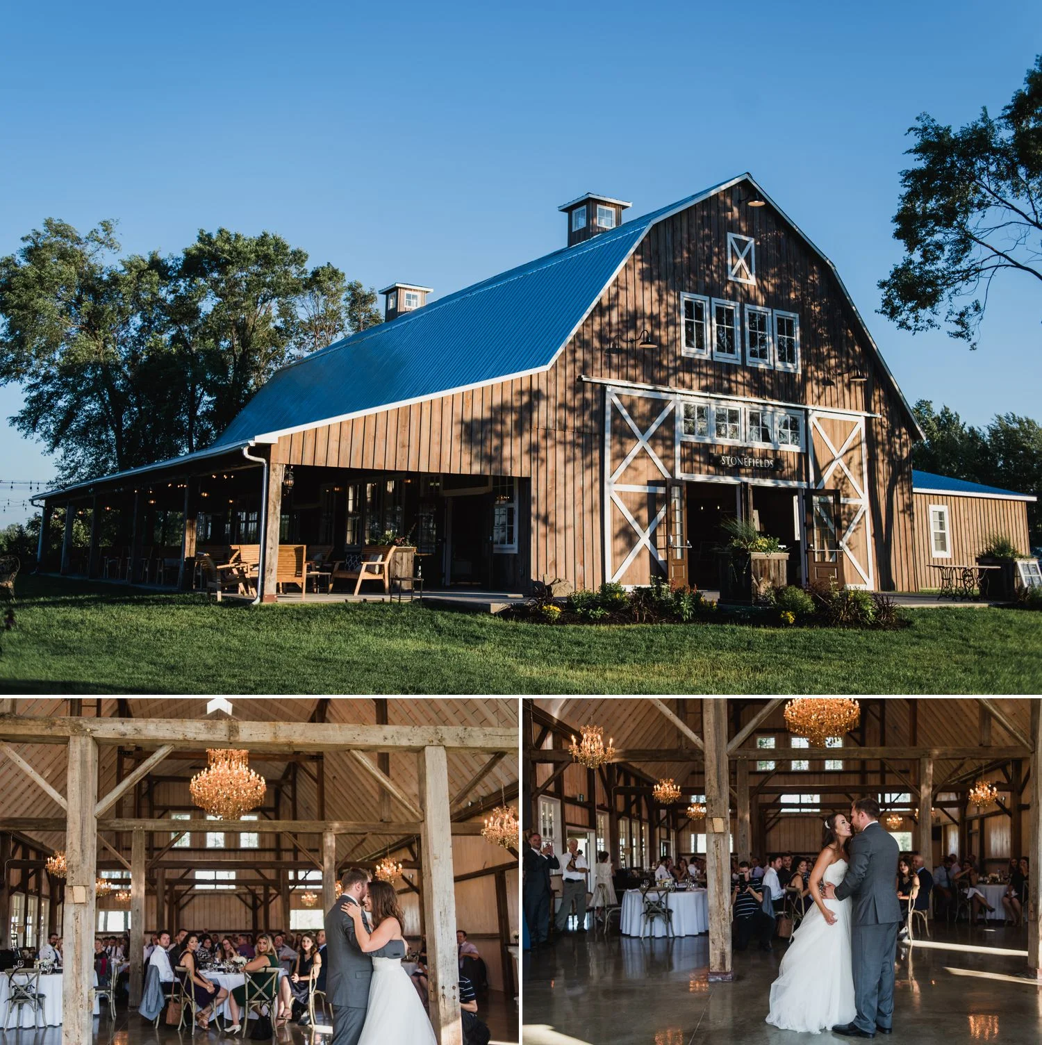 The bride and groom during their first dance at Stonefields Heritage Farm