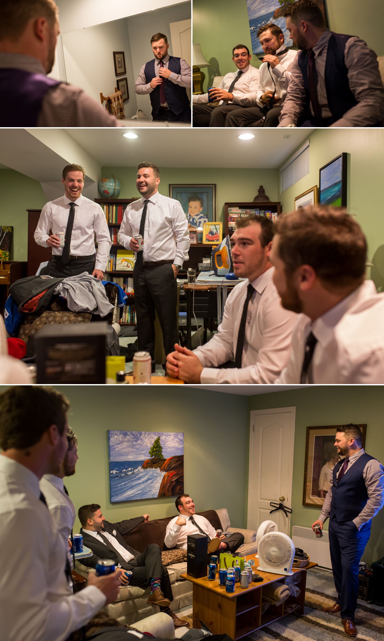 The groom getting ready at home with his groomsmen