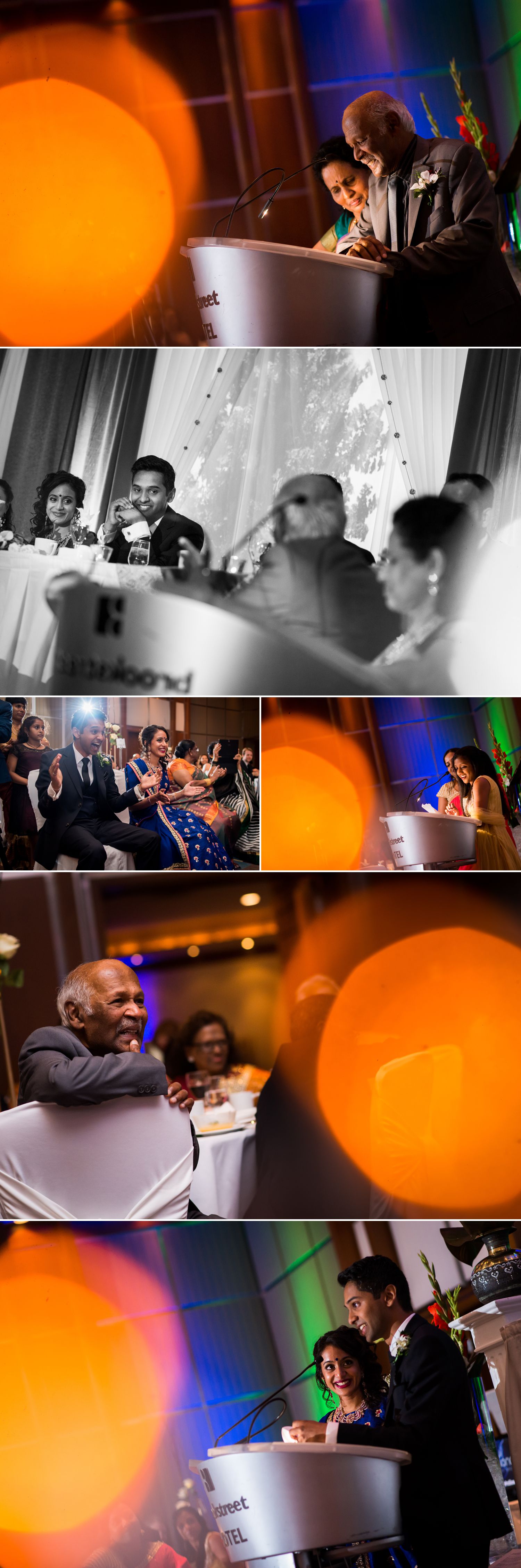 The bride and groom during wedding speeches with friends and family at their Brookstreet Hotel Wedding Reception