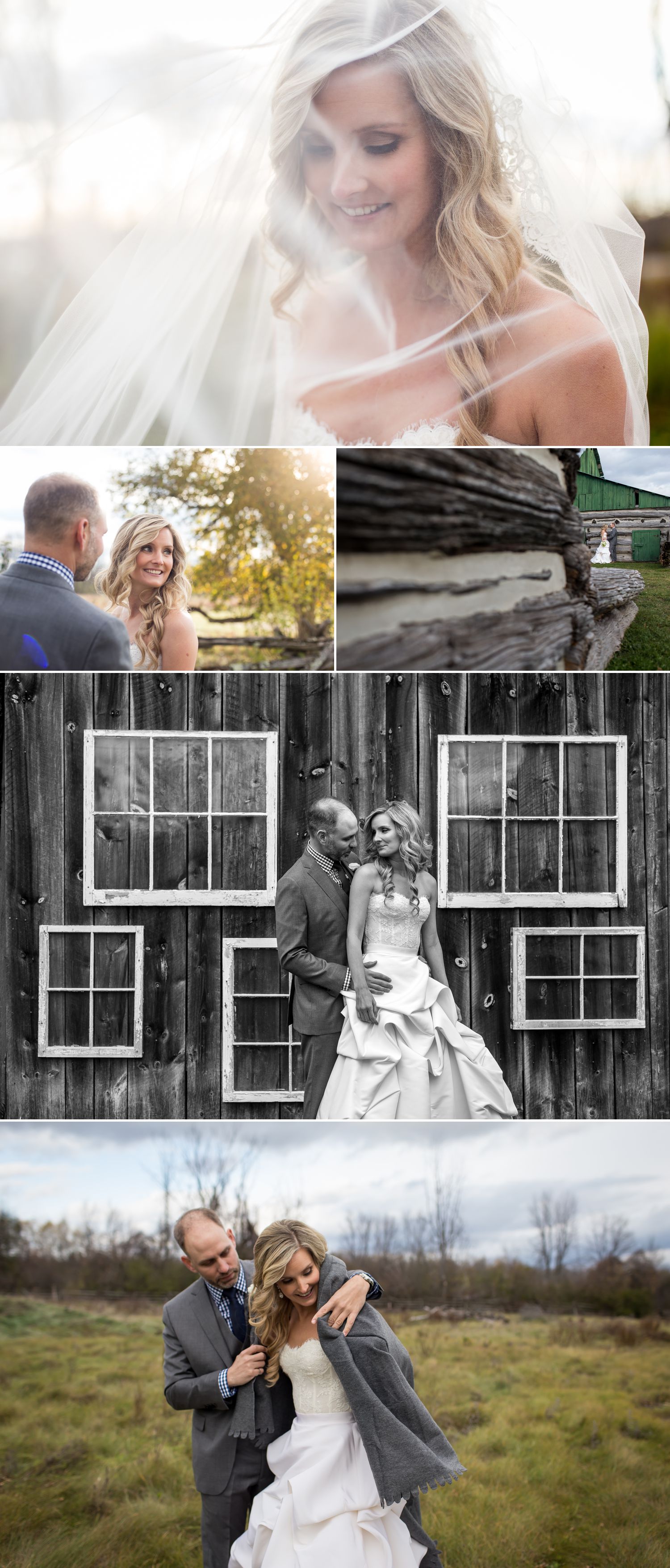 Portraits of the bride and groom outside at Stonefields Heritage Farm