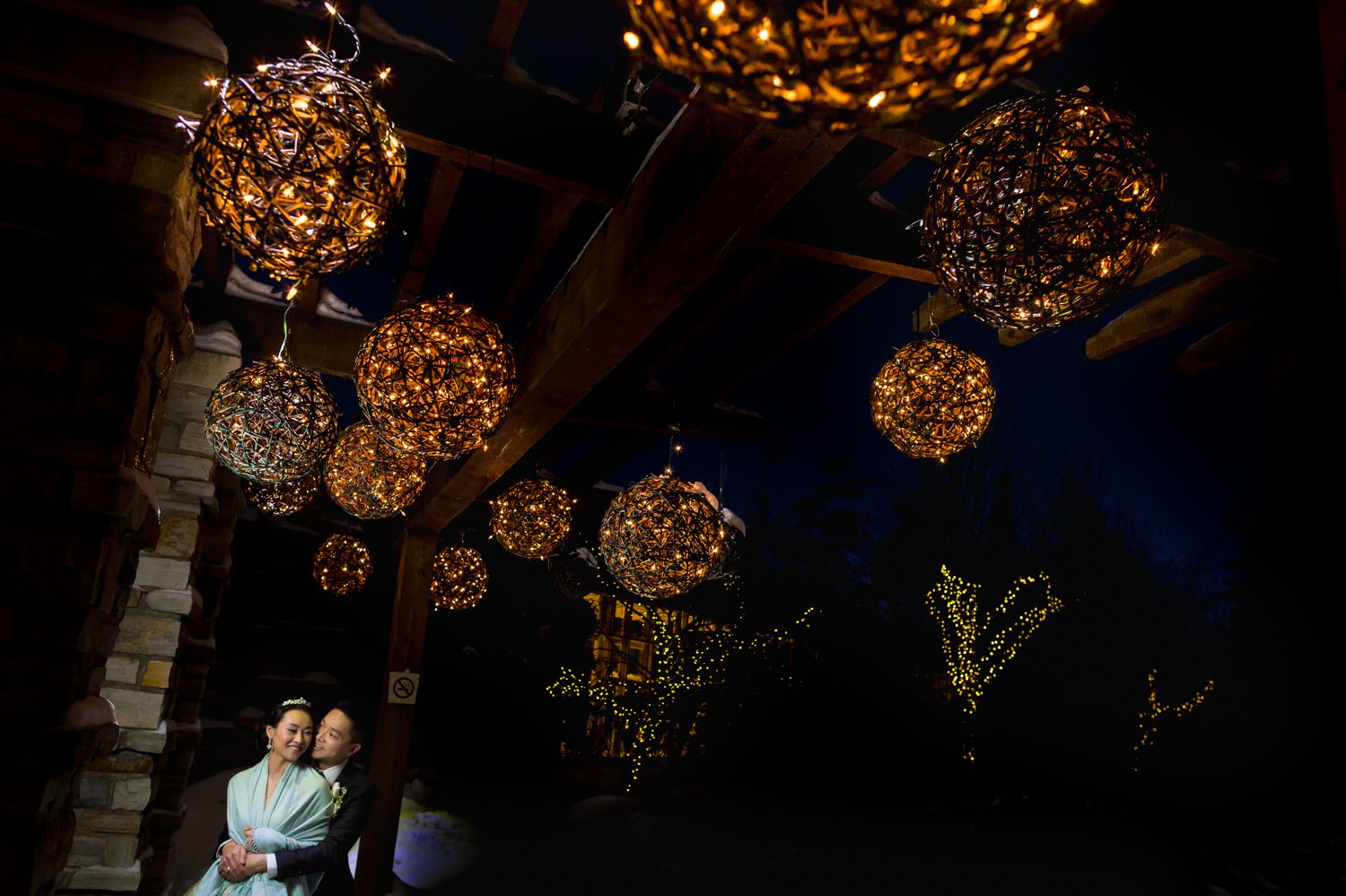 A night-time portrait of the bride and groom after their wedding at The Hilton Casino Lac Leamy