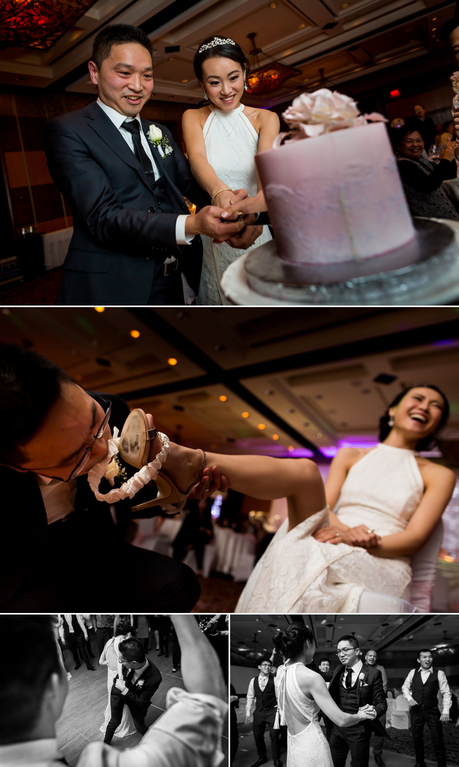 Bride and groom during their cake cutting, garter toss, and dancing with friends at their Hilton Casino Lac Leamy wedding reception