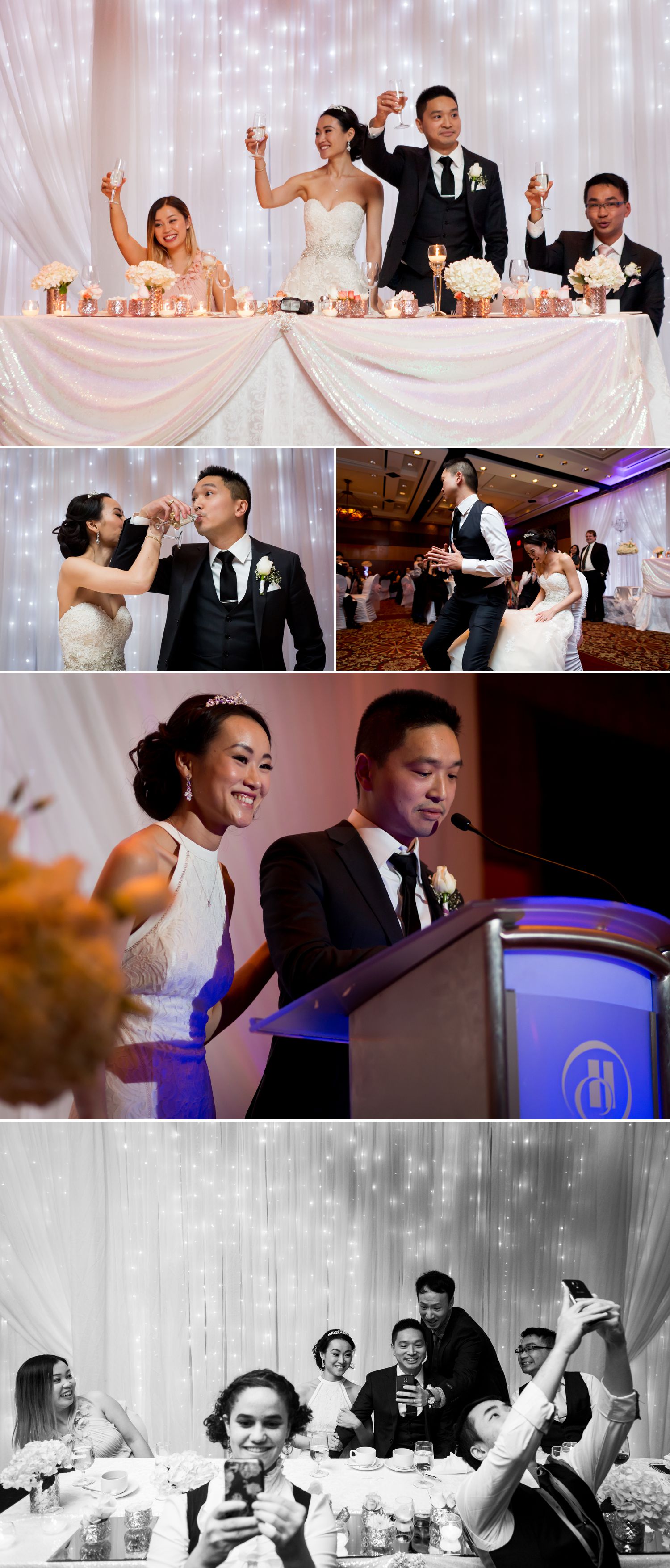 Bride and groom both having a fun time during wedding reception, listening to speeches at the Casino Lac Leamy in Gatineau Quebec.
