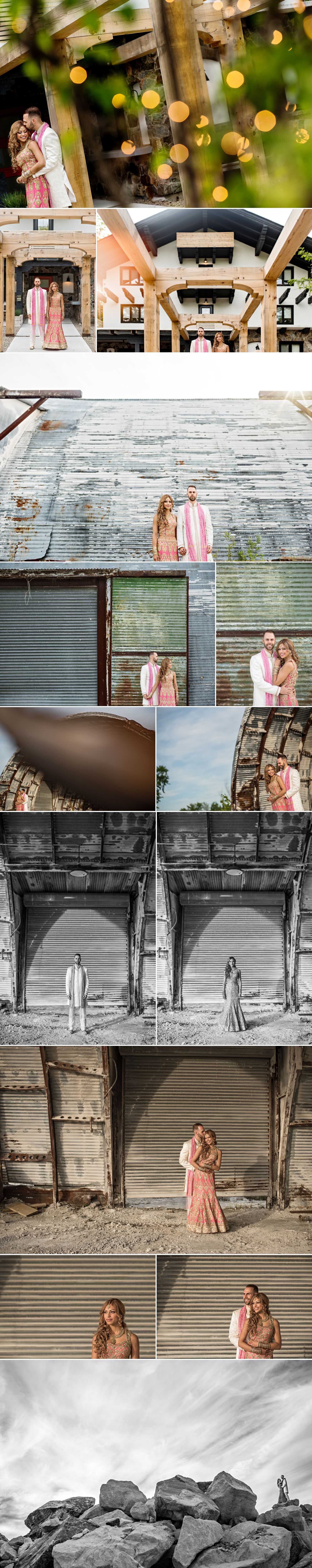 bride and groom portraits at an abandon garage in wakefield at le belvedere wedding
