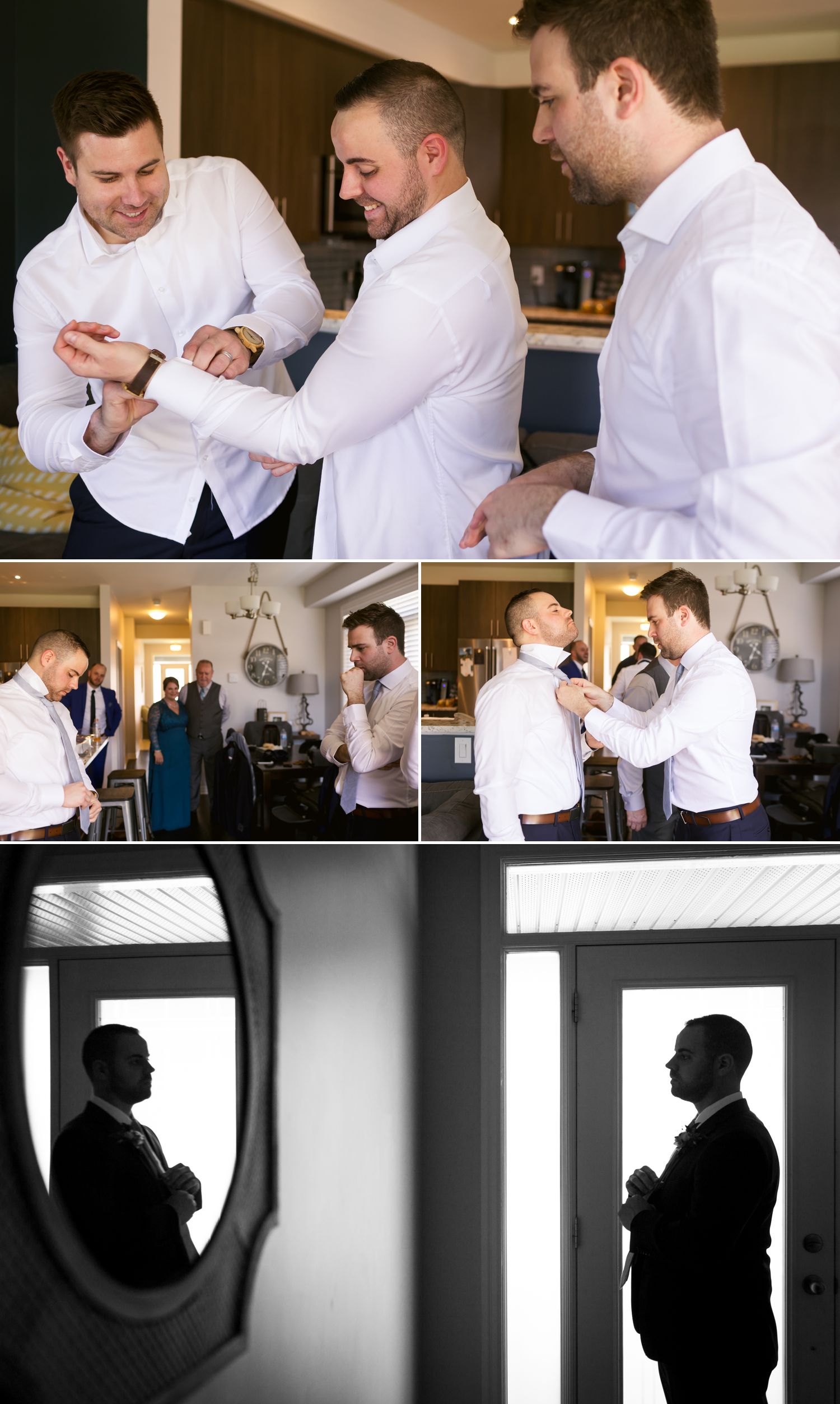 The groom with his groomsmen getting ready before the wedding at their home in Ottawa