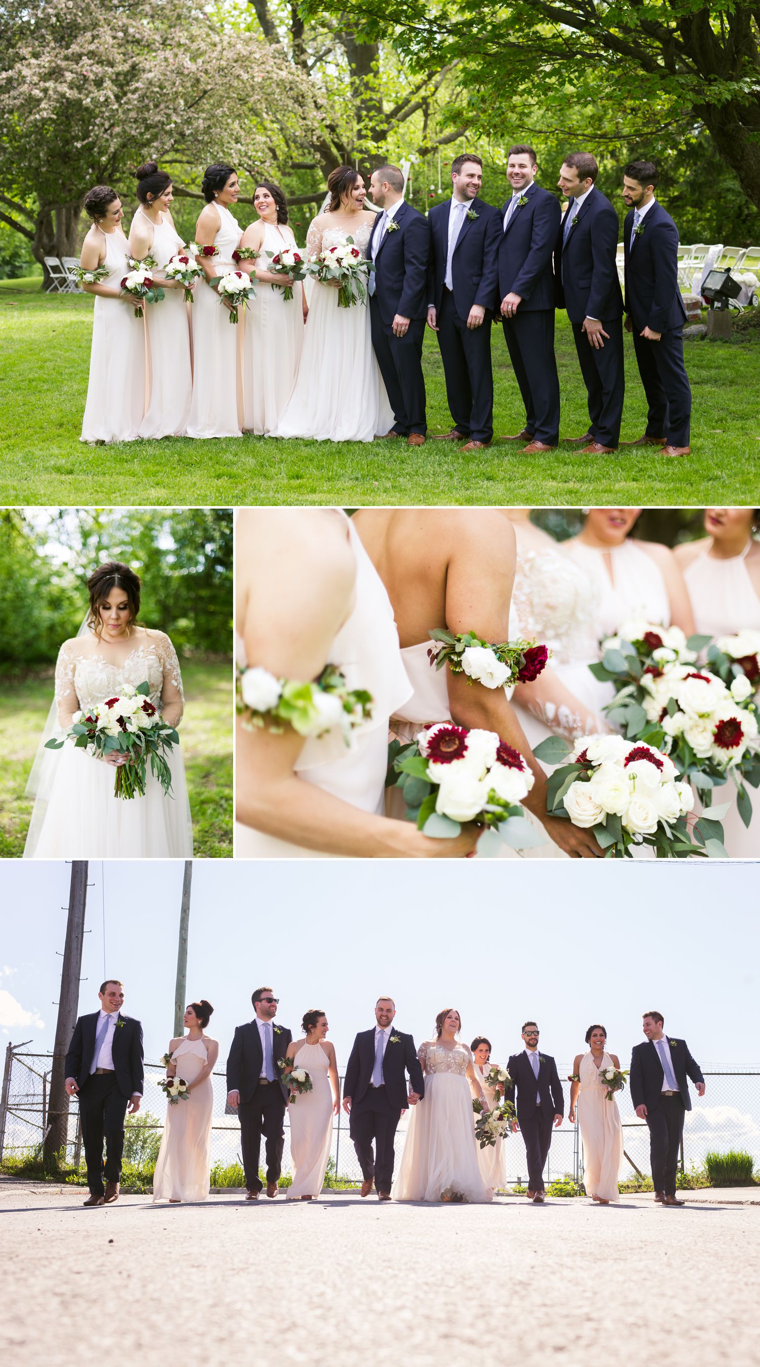 Portraits of the bride and groom with their wedding party outside at Billings Estate in Ottawa