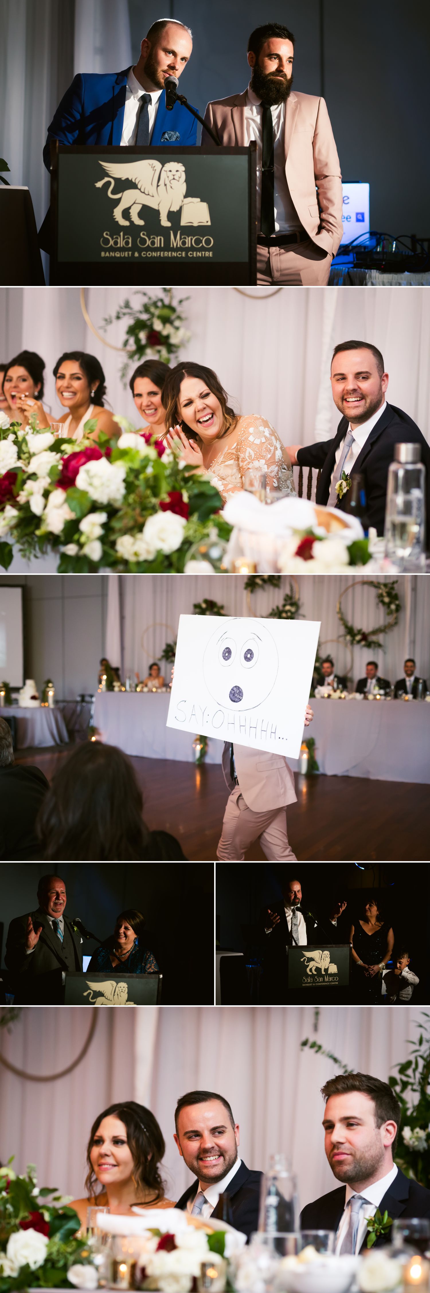 The bride and groom enjoying speeches by friends and family during their wedding reception at Sala San Marco