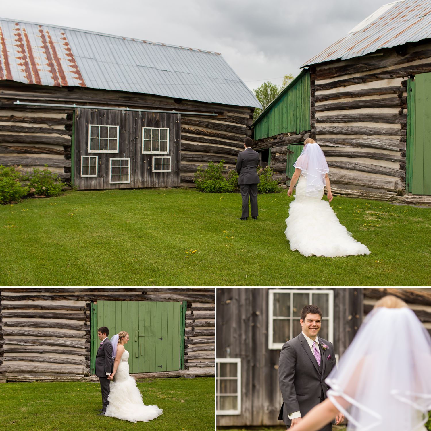 The bride and groom during their 'First Look' outside at Stonefields