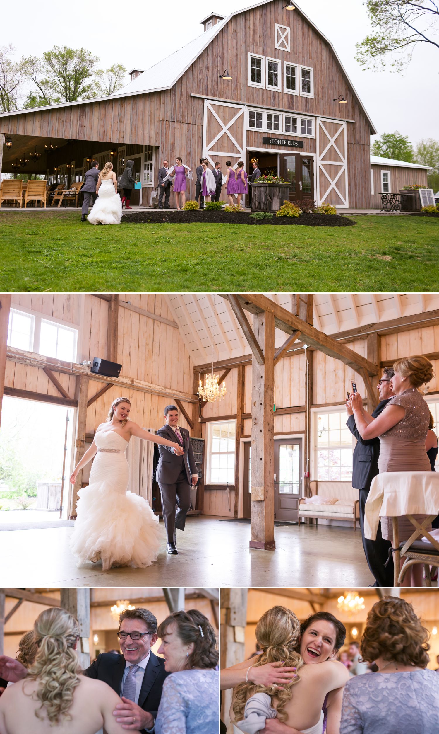 The bride and groom during their entrance into their wedding reception in the newly built barn loft at Stonefields