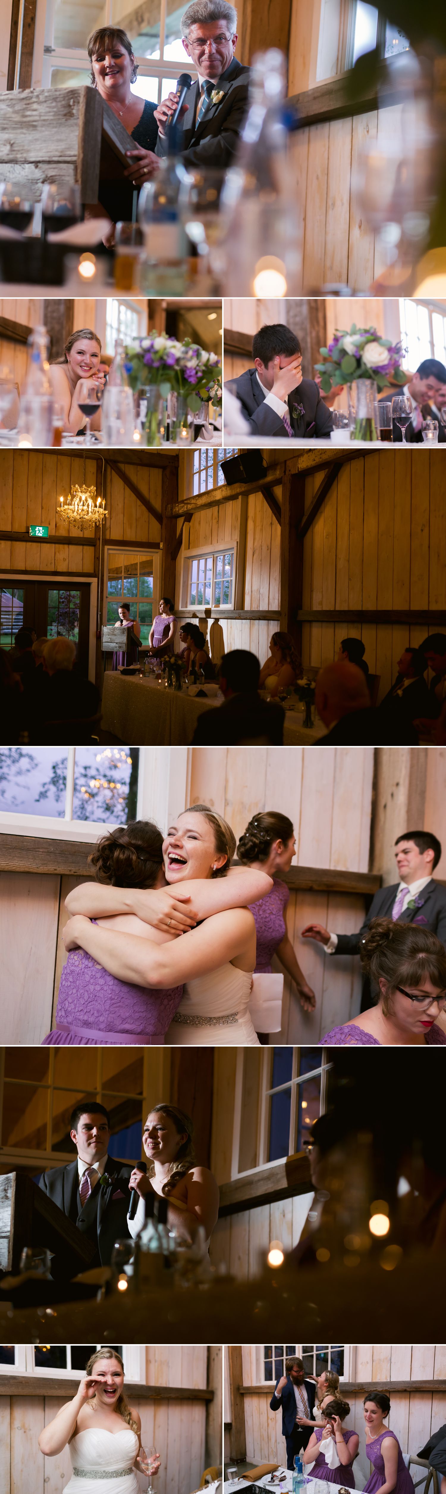The bride and groom enjoying speeches by friends and family during their reception in the Stonefields loft