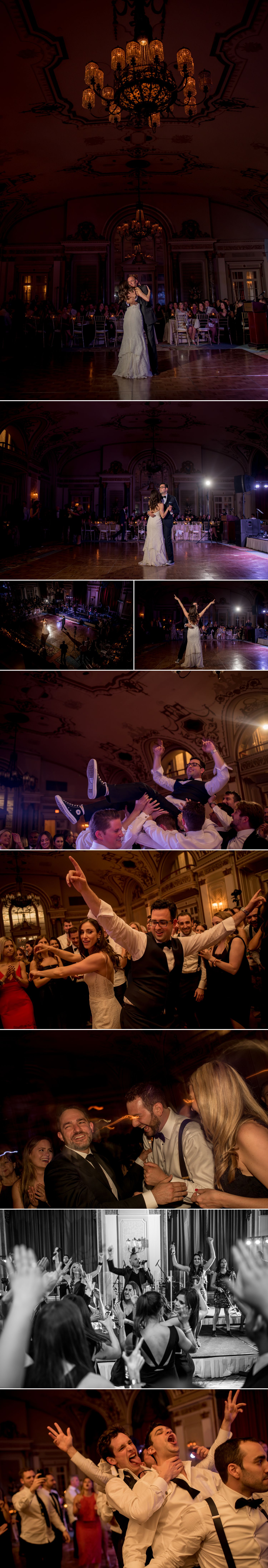 candid moments during a dance party at a jewish wedding reception at the chateau laurier ballroom in ottawa ontario