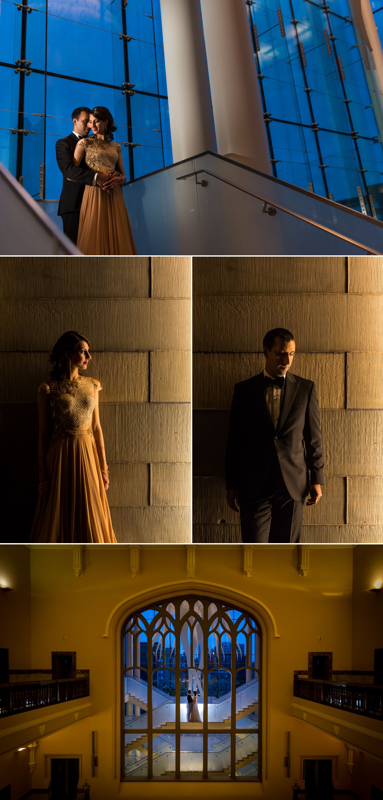 Night portraits of the bride and groom in their formal Indian reception clothes