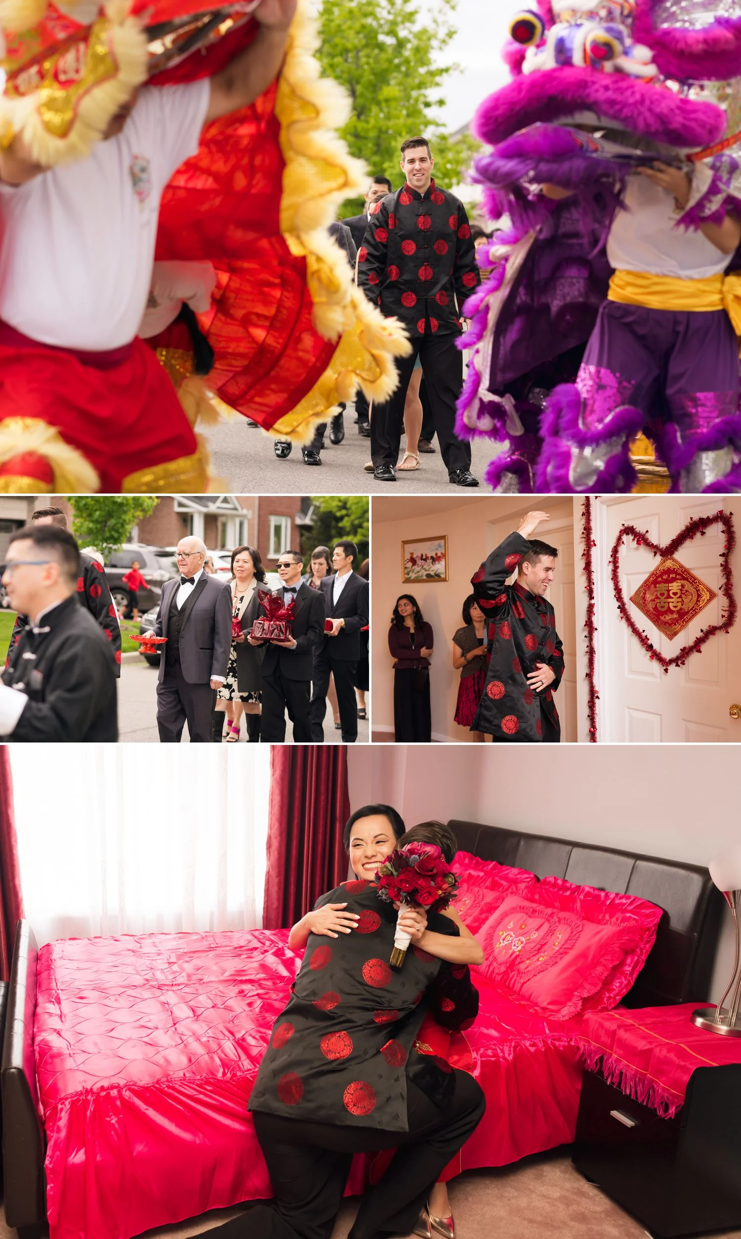 The groom in traditional Chinese attire, arriving with friends and family to greet his bride