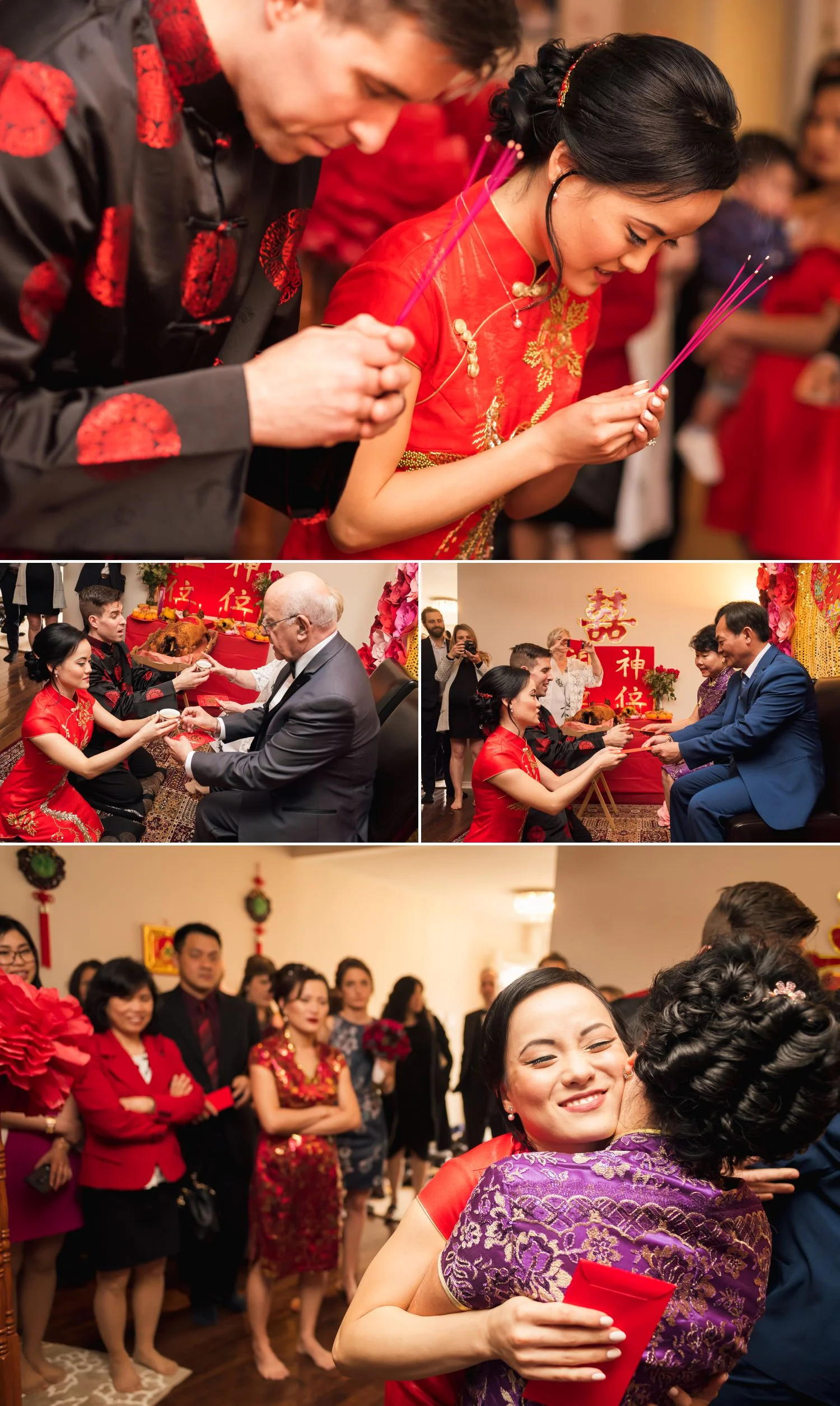 The bride and groom serving tea to their family during a traditional Chinese Tea Ceremony