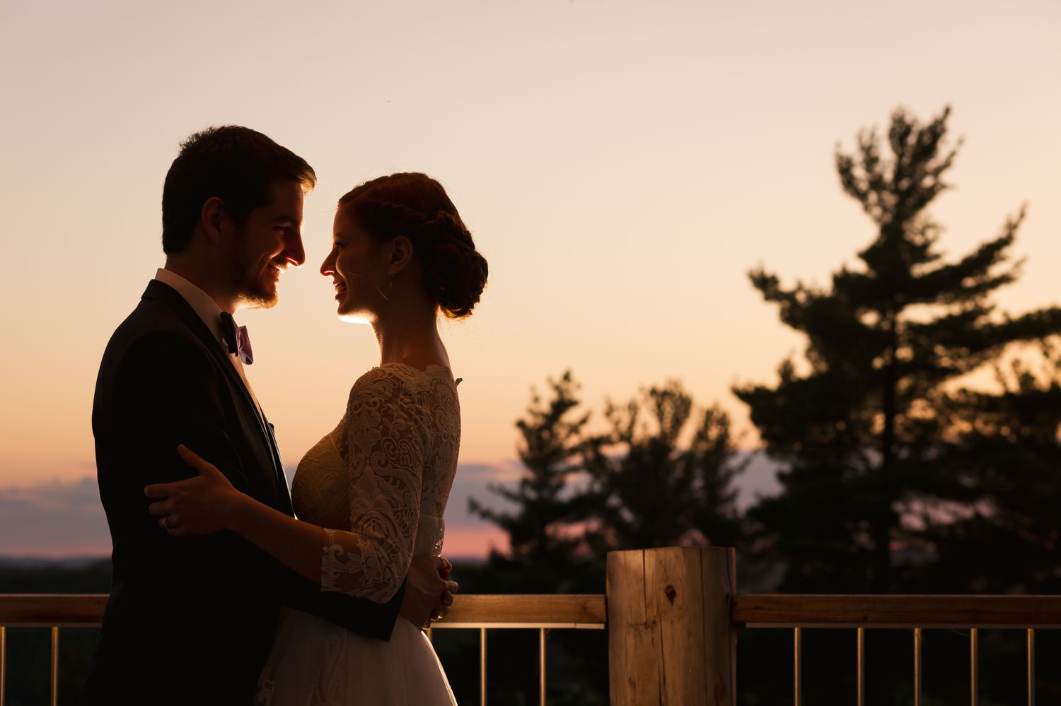 A night time portrait of the bride and groom after their wedding at Le Belvedere