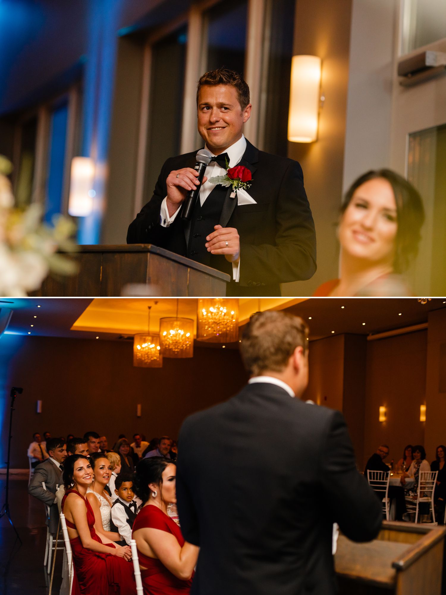 The groom saying his speech to his bride during their wedding reception at Le Belverdere