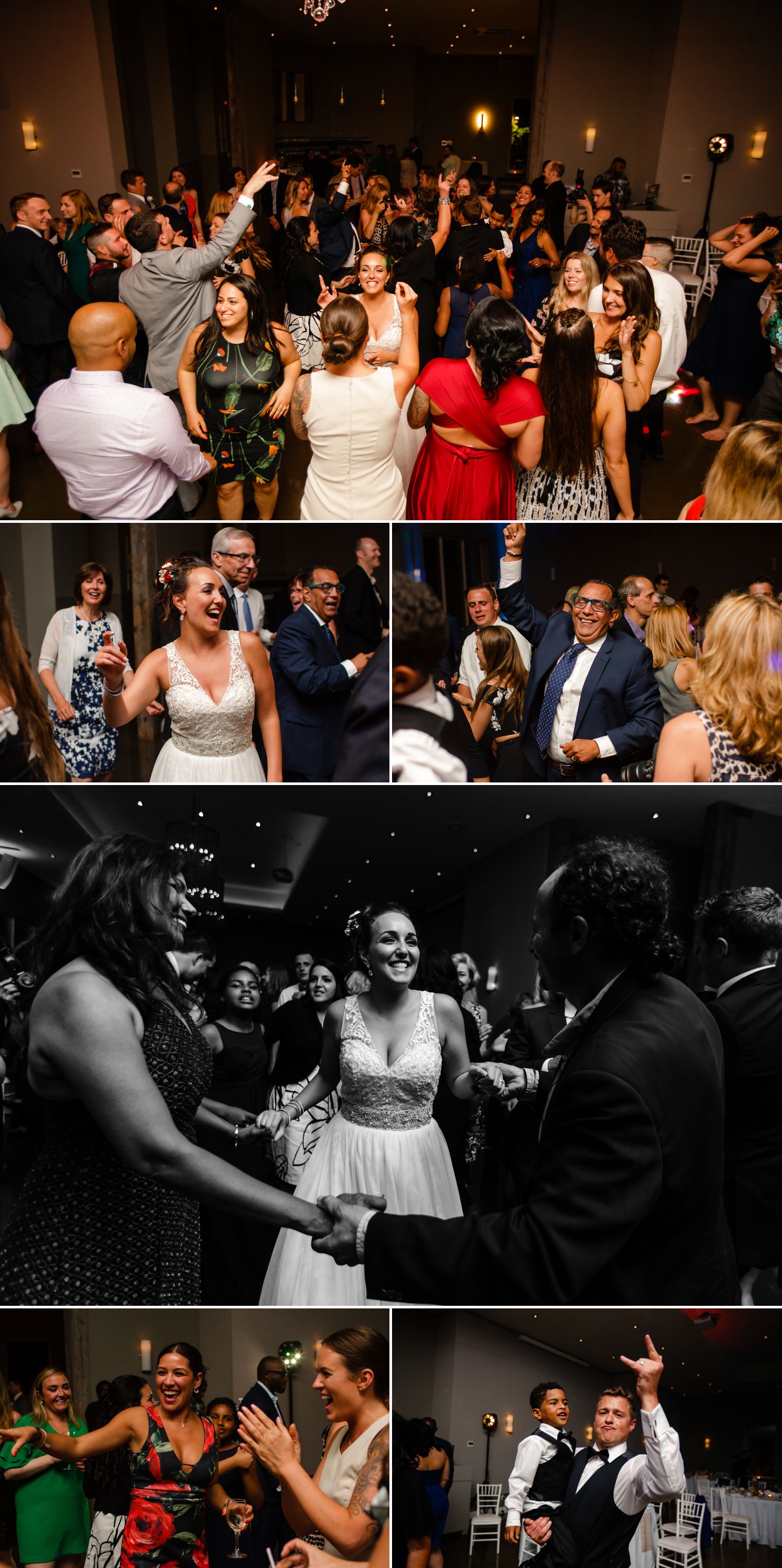 The bride and groom dancing with their guests during their wedding reception at Le Belvedere