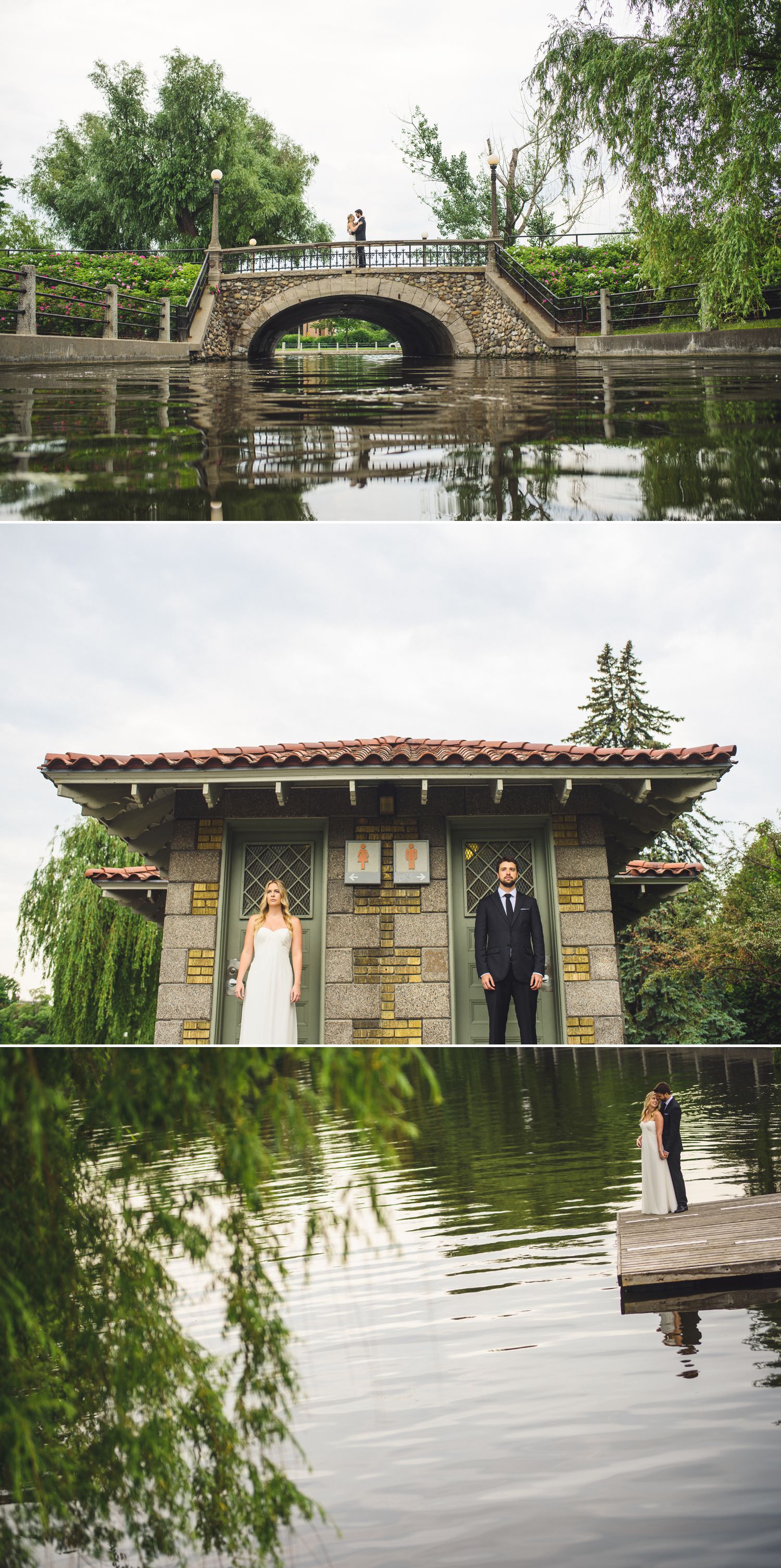 The bride and groom having their couples portraits taken around Linden Terrace by the Rideau Canal in downtown Ottawa