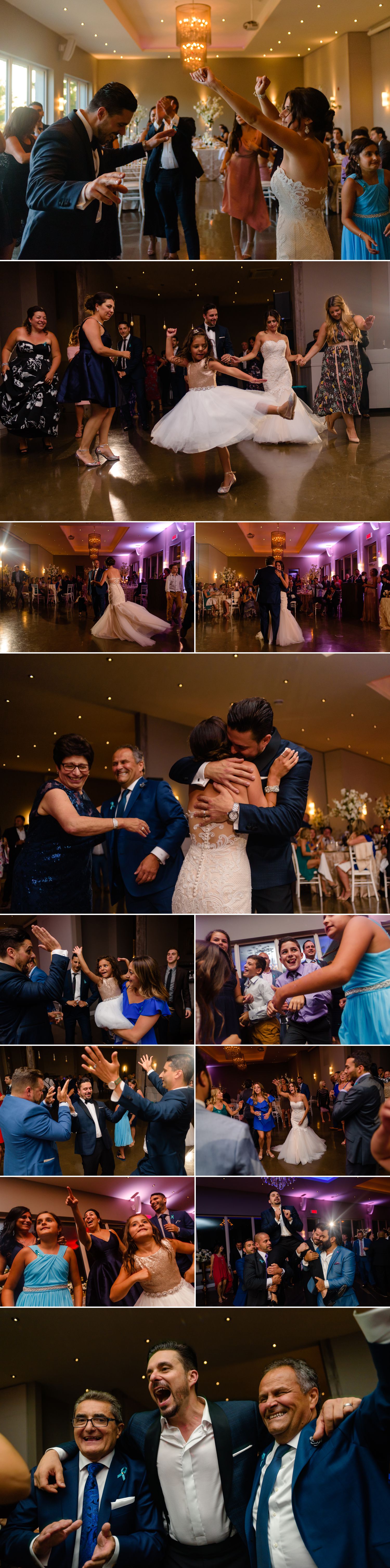 candid dance floor moments during an italian wedding reception at le belevedere in wakefield quebec