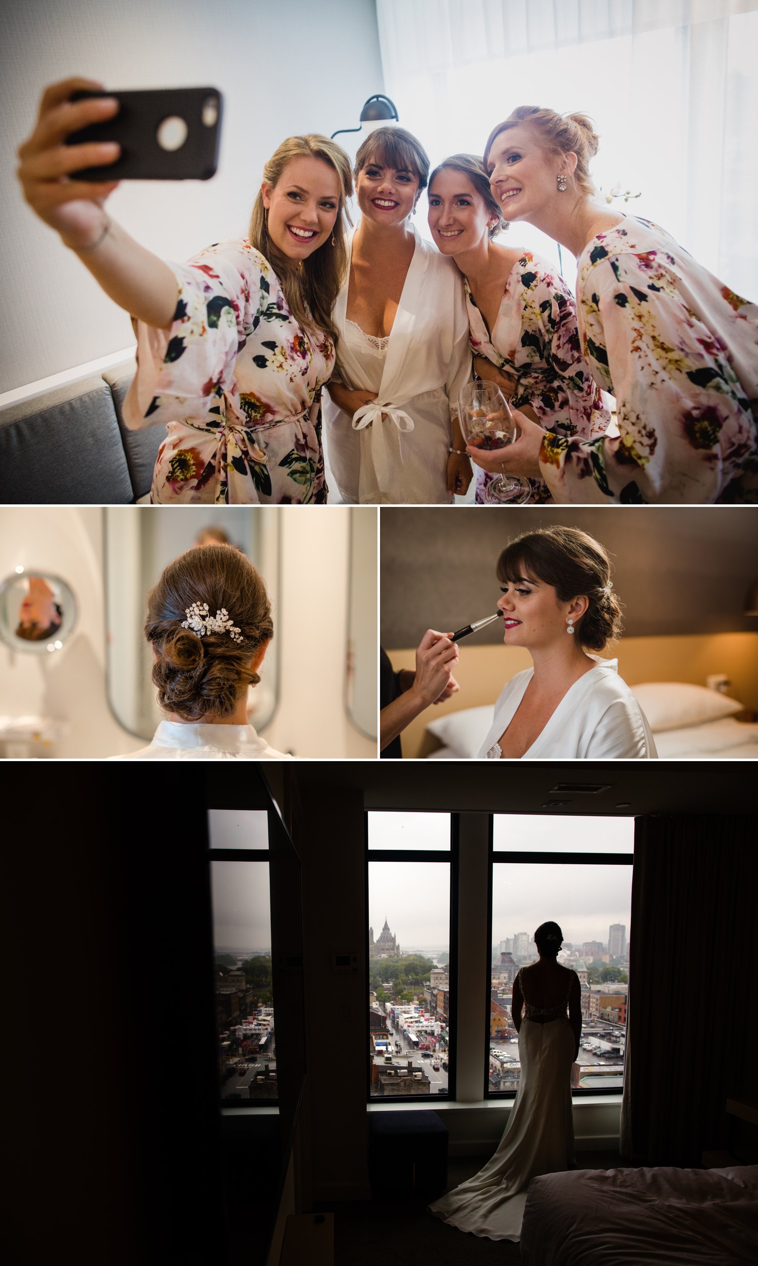 The bride getting ready with her bridesmaids in downtown Ottawa