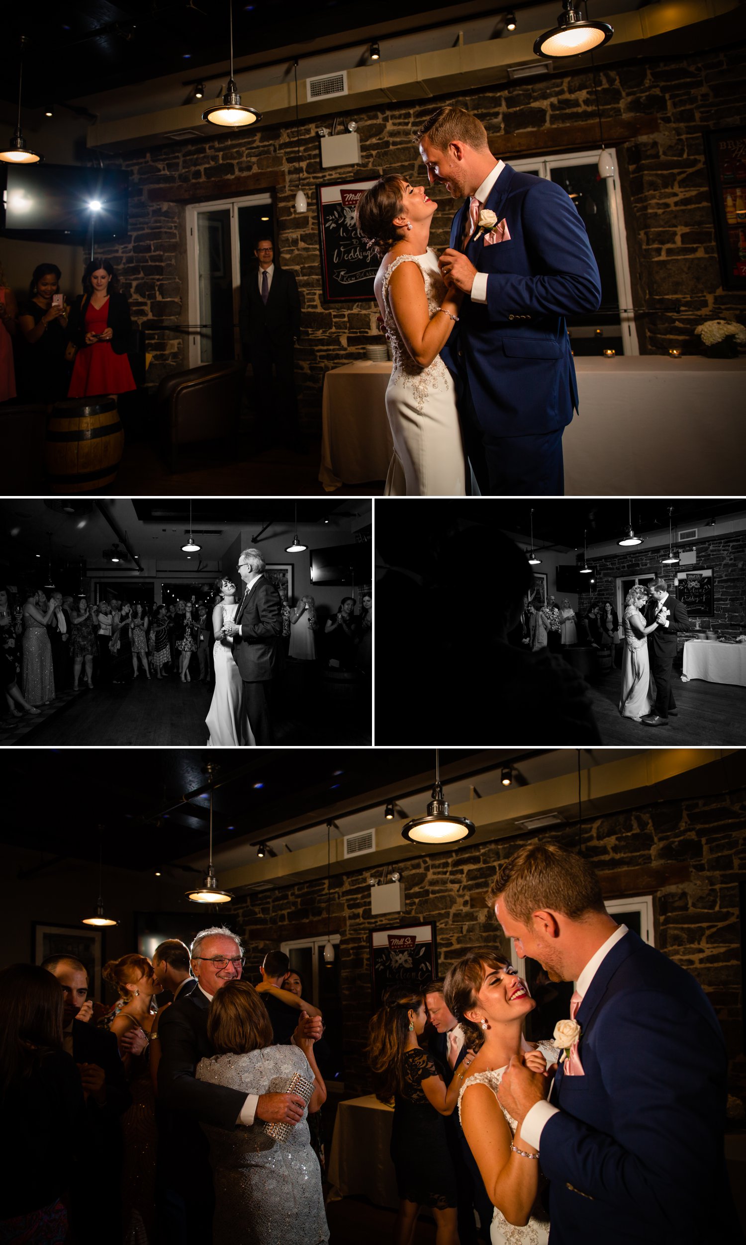 The bride and groom during their first dances at their wedding reception at The Mill St Brew Pub in downtown Ottawa