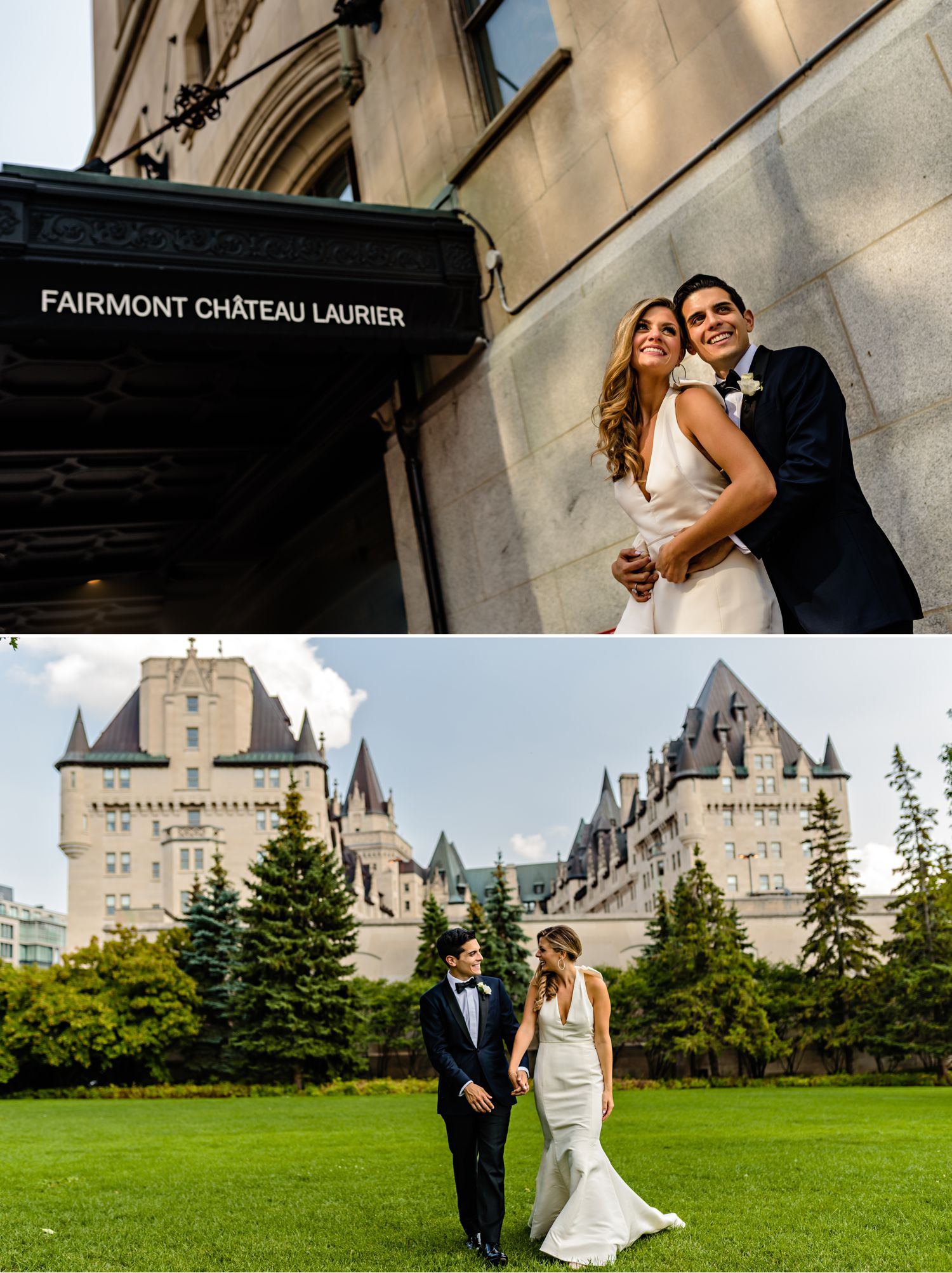 bride and groom portraits outside the fairmont chateau laurier in ottawa on