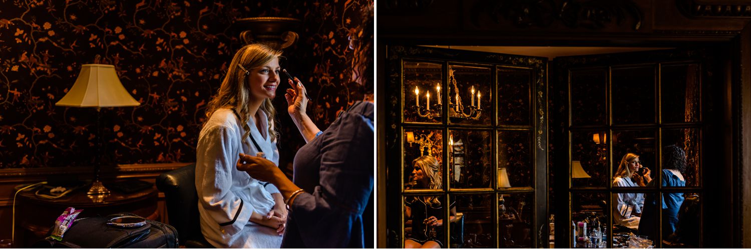 bride getting her makeup applied for her jewish wedding at the fairmont chateau laurier in ottawa on