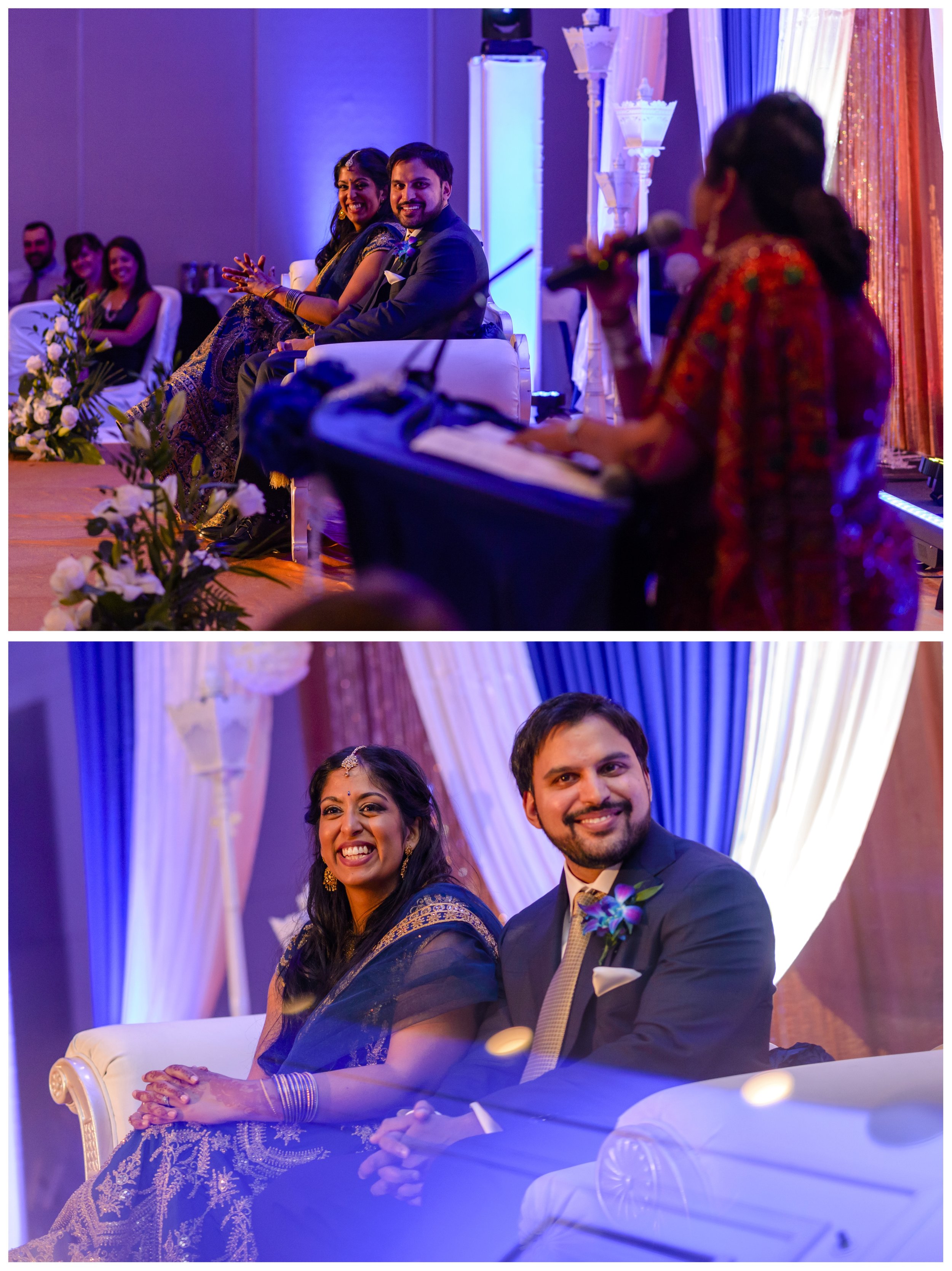 Indian couple listening to speeches at their wedding reception