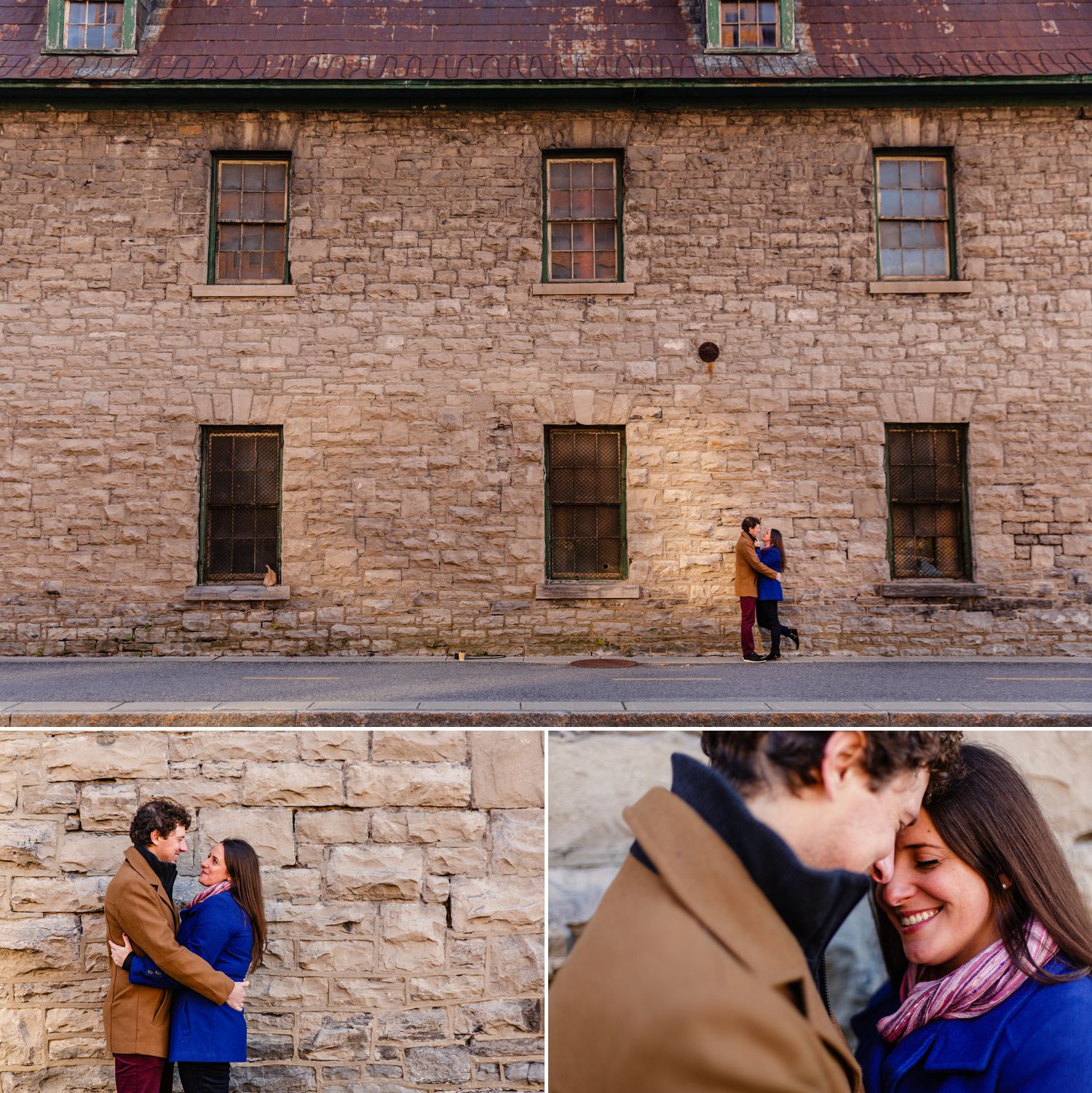 Couples portraits taken in front of an old stone building in Gatineau Quebec