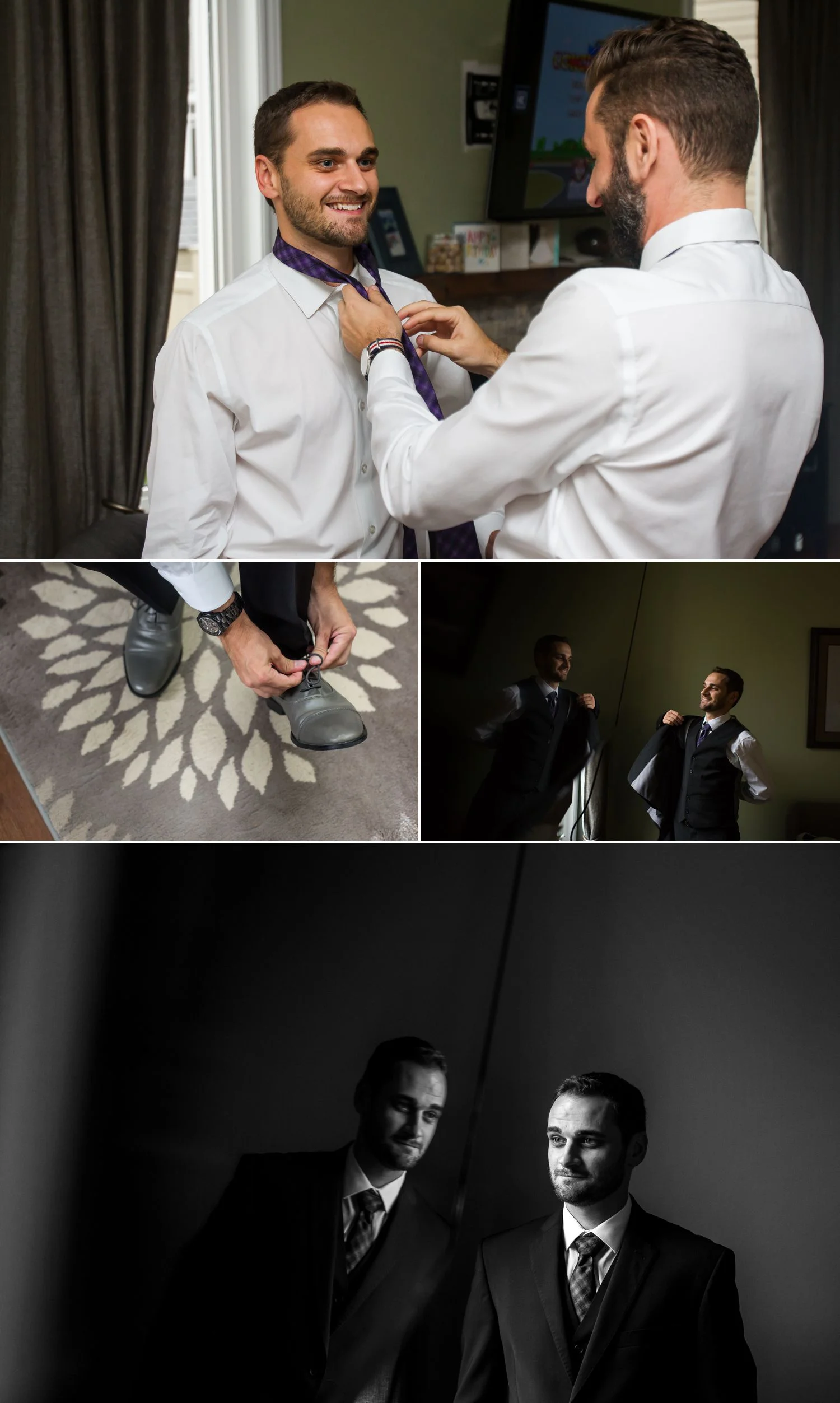 The groom and his groomsmen getting ready at home in Ottawa