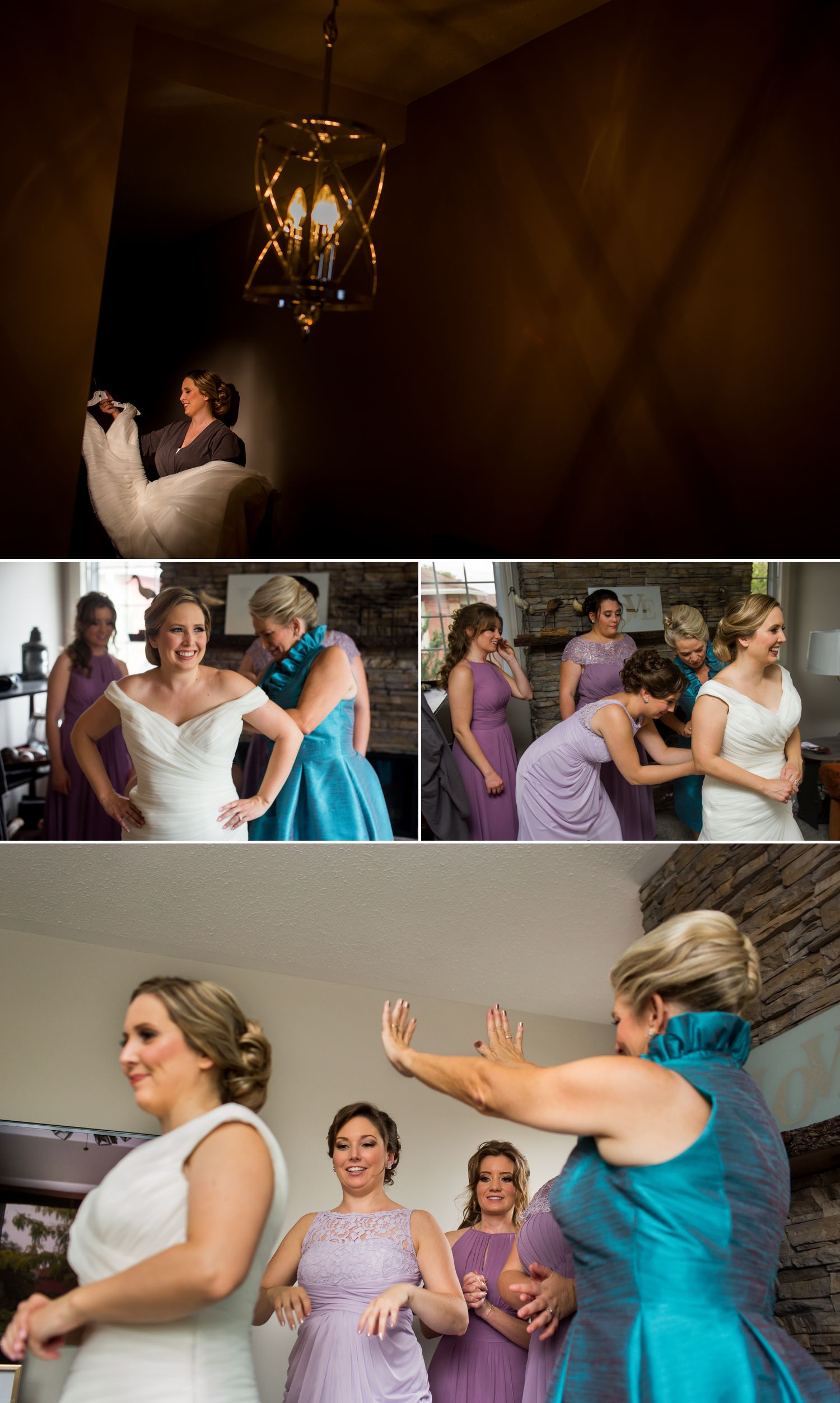 The bride with her bridesmaid and mother getting ready at their home in Ottawa